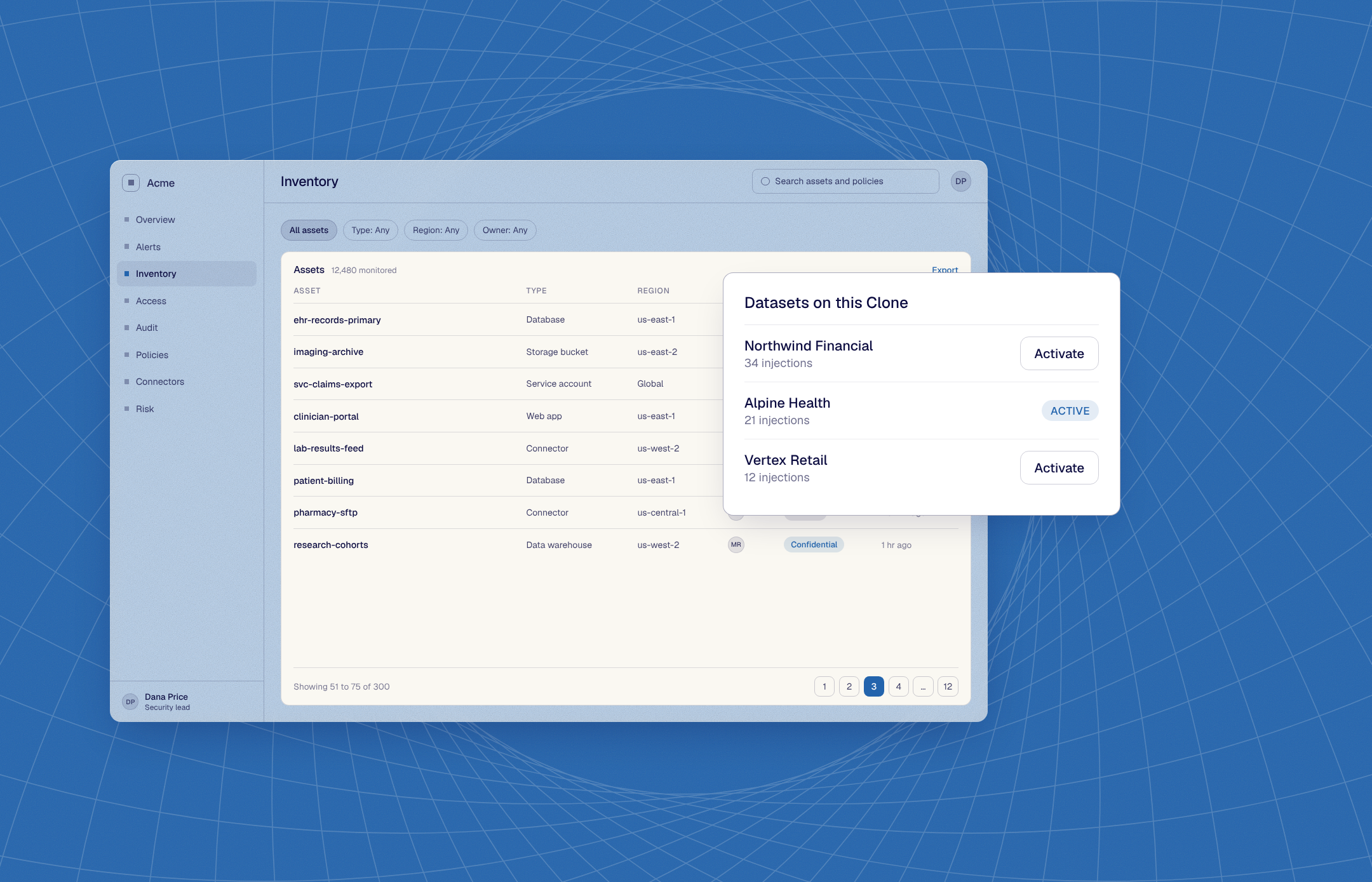 The Inventory page showing healthcare assets, with the Alpine Health dataset active on the Clone