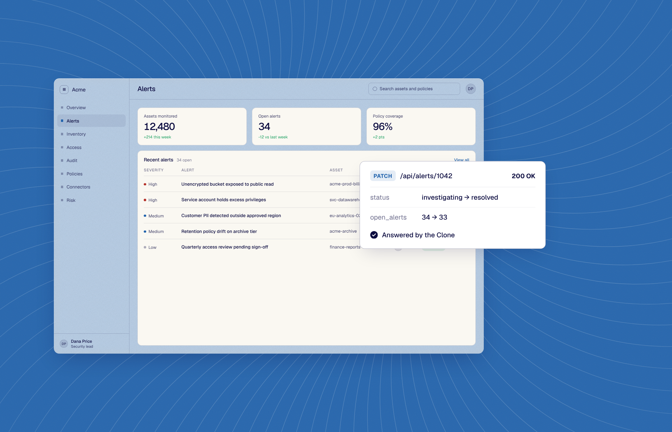 The Acme Alerts page with an alert resolved, and the request the Clone answered: PATCH, 200 OK, status resolved