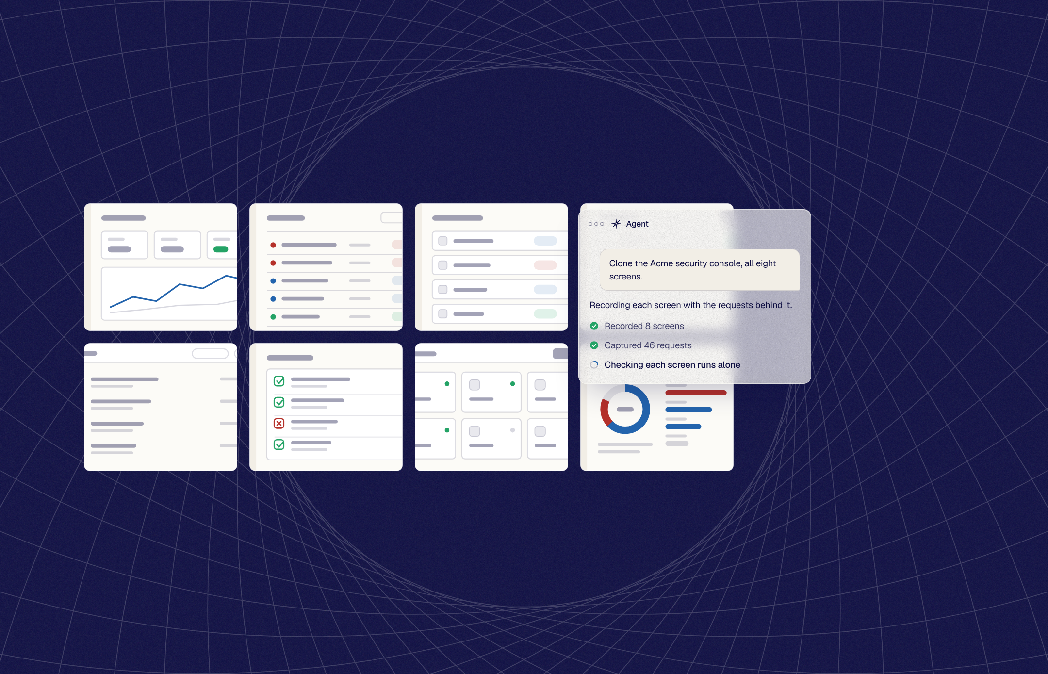 Eight different Acme screens captured in a grid, beside the agent: Recorded 8 screens, Captured 46 requests