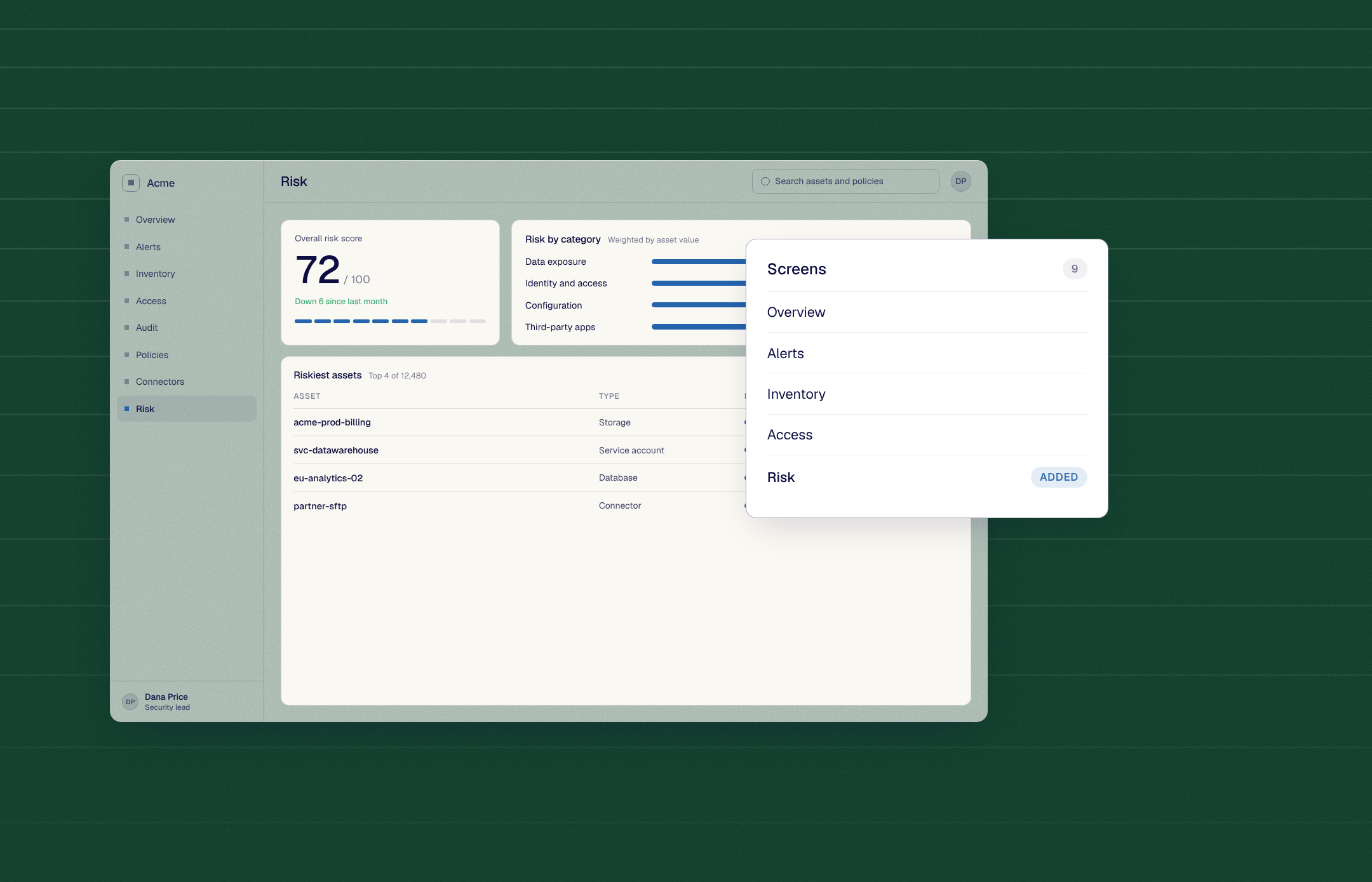 The Clone showing a new Risk page, with the screens list marking Risk as added