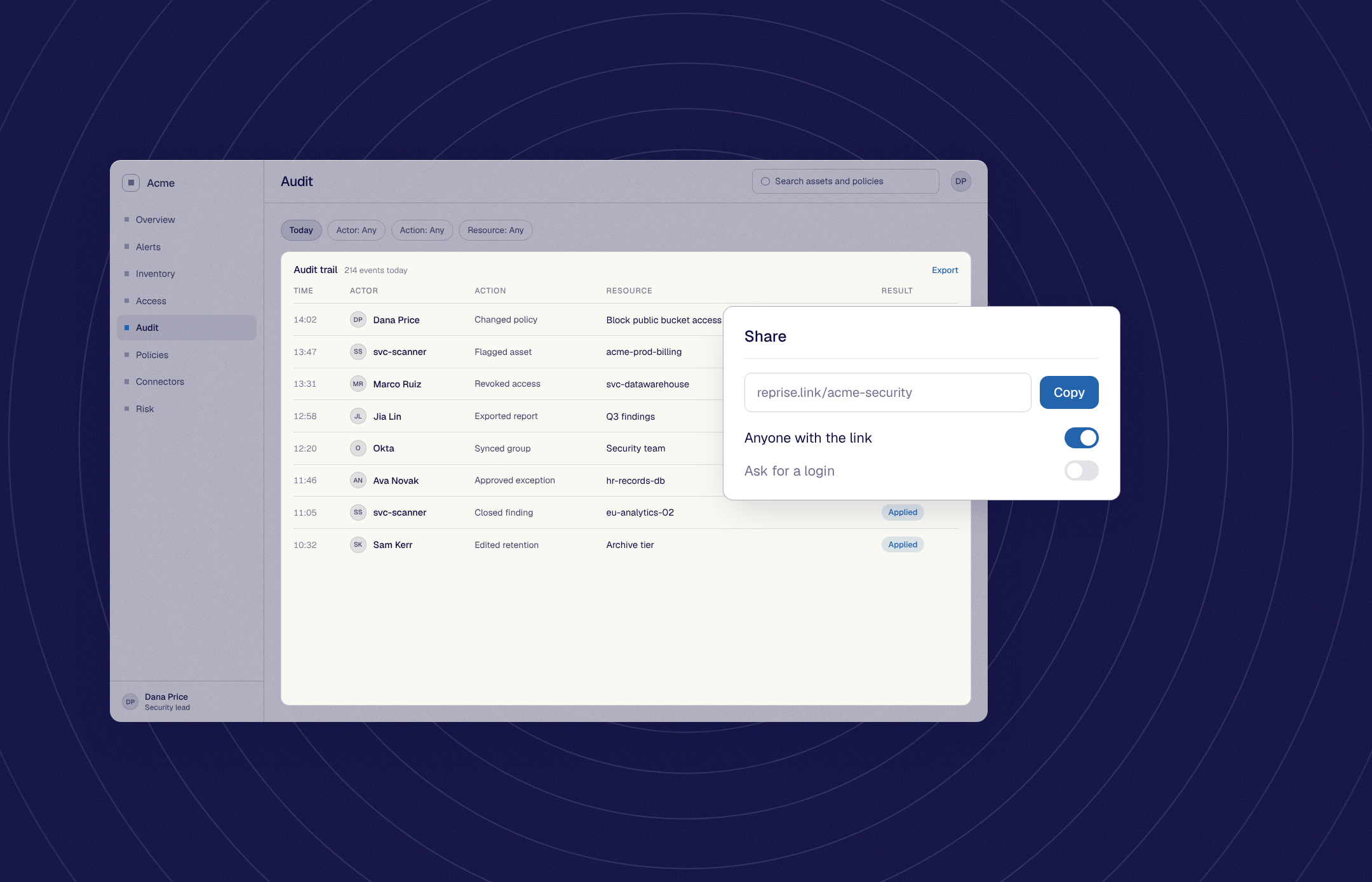 The Audit page with a Share card: a link, Copy, and Anyone with the link switched on