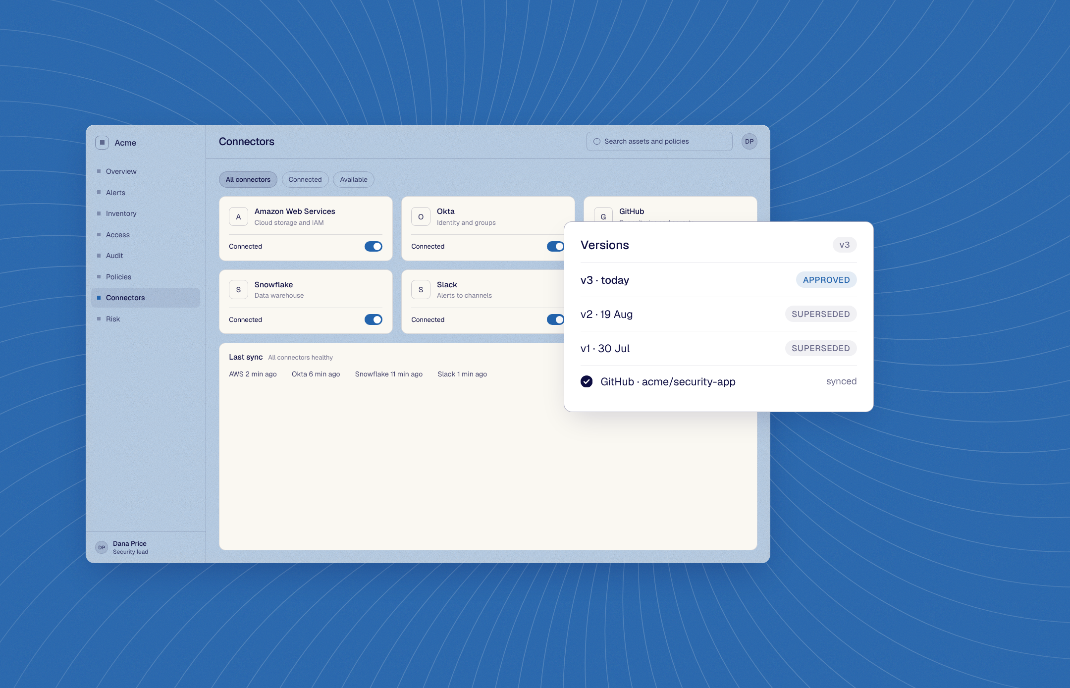 The Connectors page beside a version list: v3 approved, earlier versions superseded, synced to GitHub