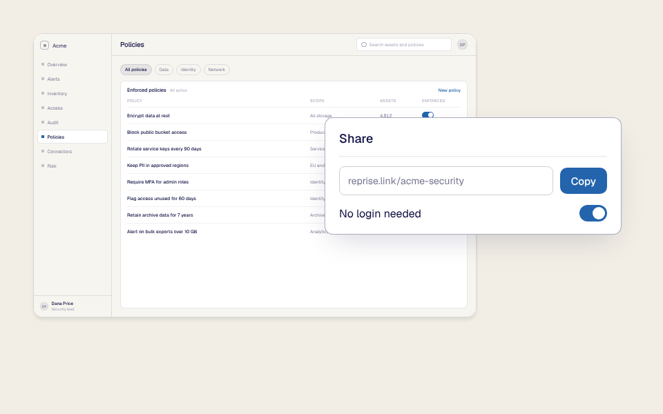 The Acme Policies page with a share card in front: a link to the Clone, copy button, and no login needed