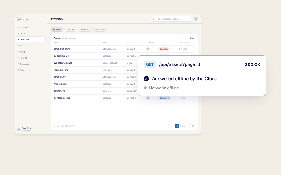 The Acme Inventory page with a request card in front: page 3 of the asset list answered by the Clone while the network is offline