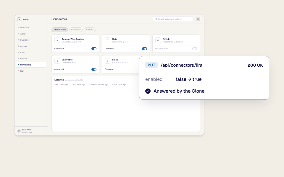 The Acme Connectors page with a Jira connector switched on, the request answered by the Clone