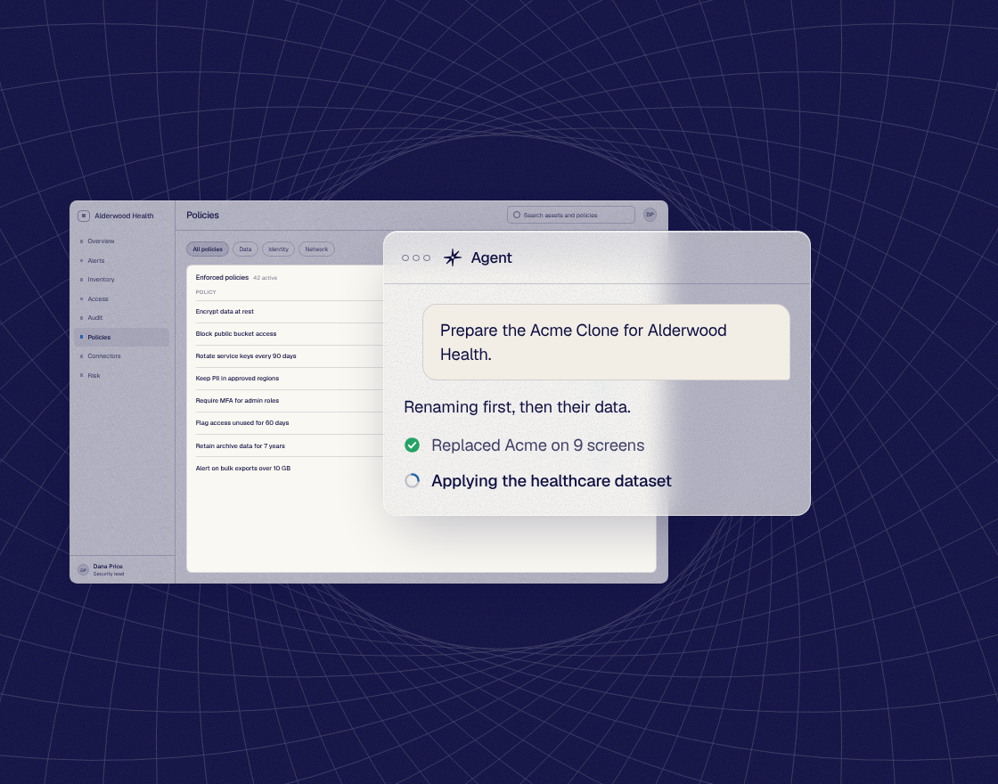 An agent window in front of the Clone, preparing it for Alderwood Health by renaming the account and applying a dataset