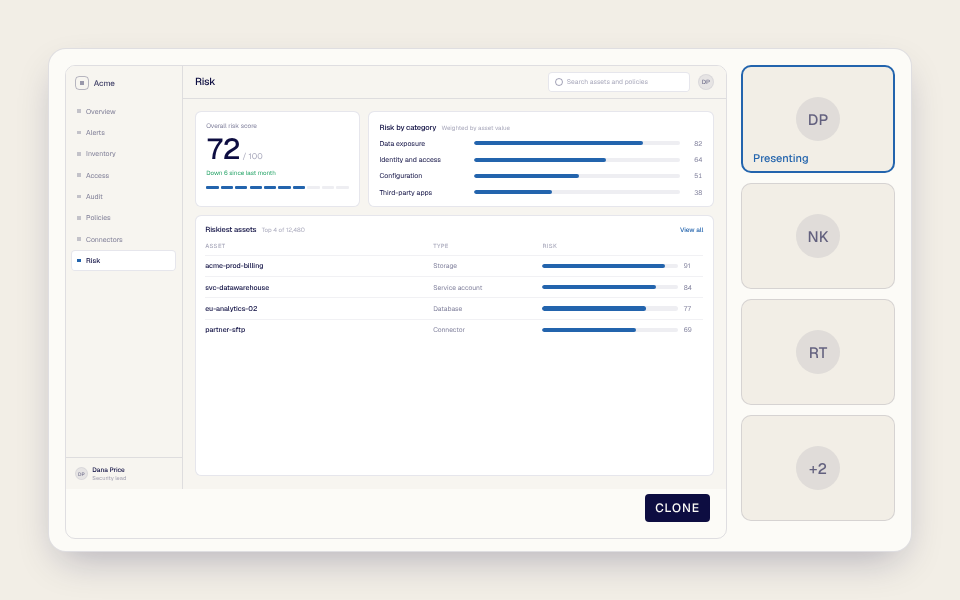 The Clone of the Acme Risk page presented on a video call