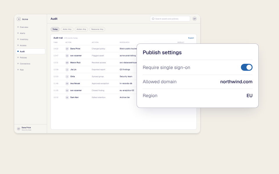 Publish settings for one Clone: single sign-on required, an allowed domain and a region