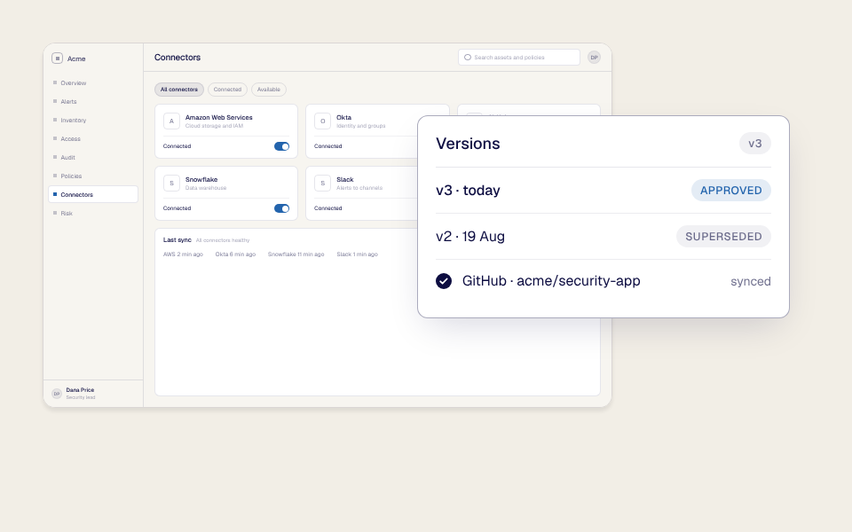 The version history of one Clone with v3 approved and the GitHub repository it is synced to