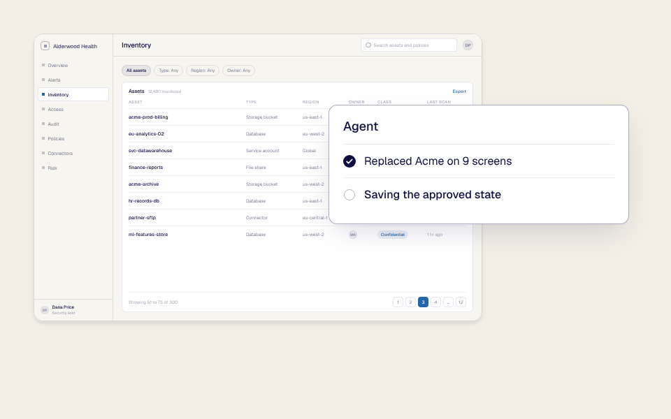 The Acme Inventory page tailored for Alderwood Health, with an agent replacing Acme on 9 screens and saving the approved state