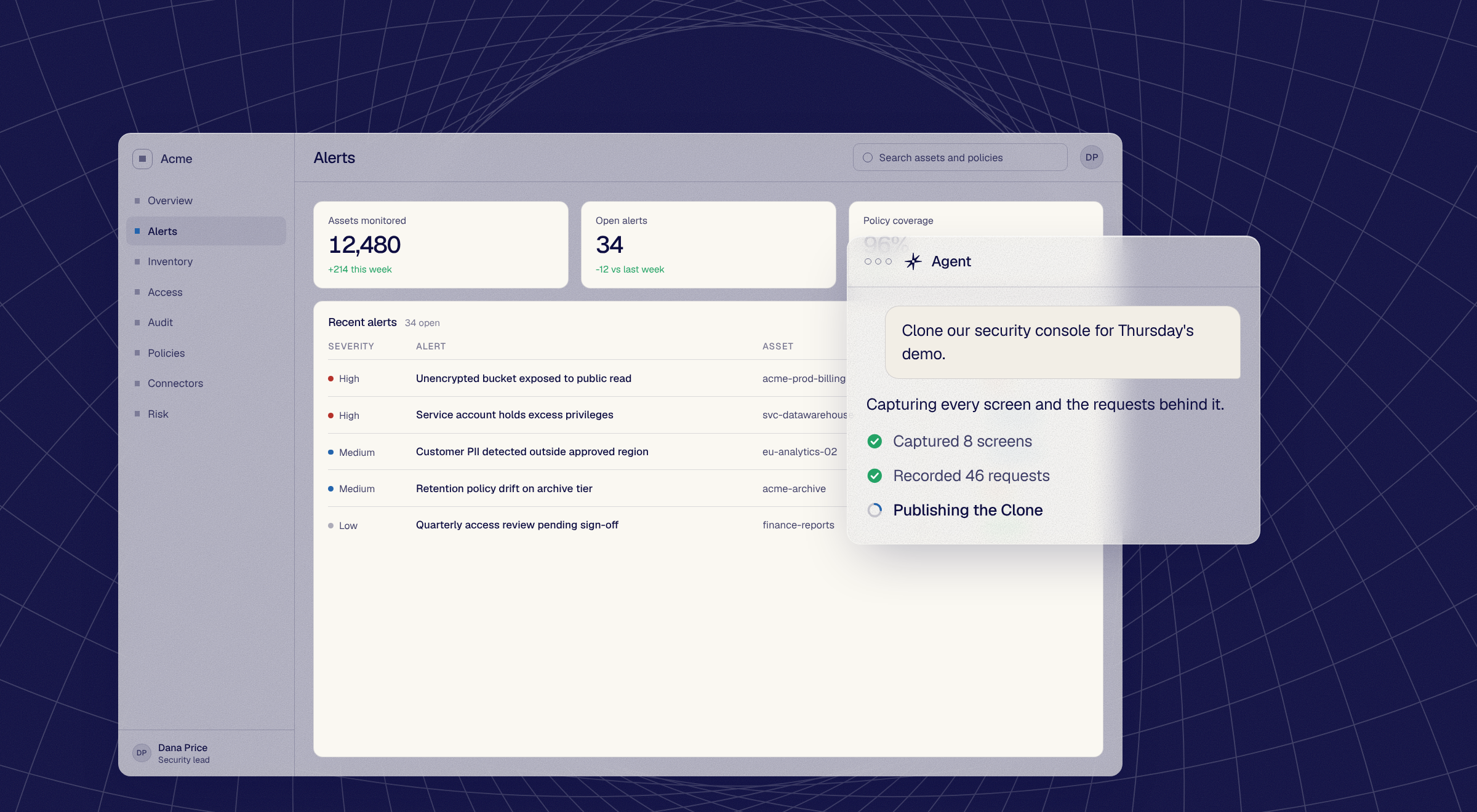 The Acme security console with an agent window beside it, cloning the app for Thursday's demo: 8 screens captured, 46 requests recorded, publishing the Clone