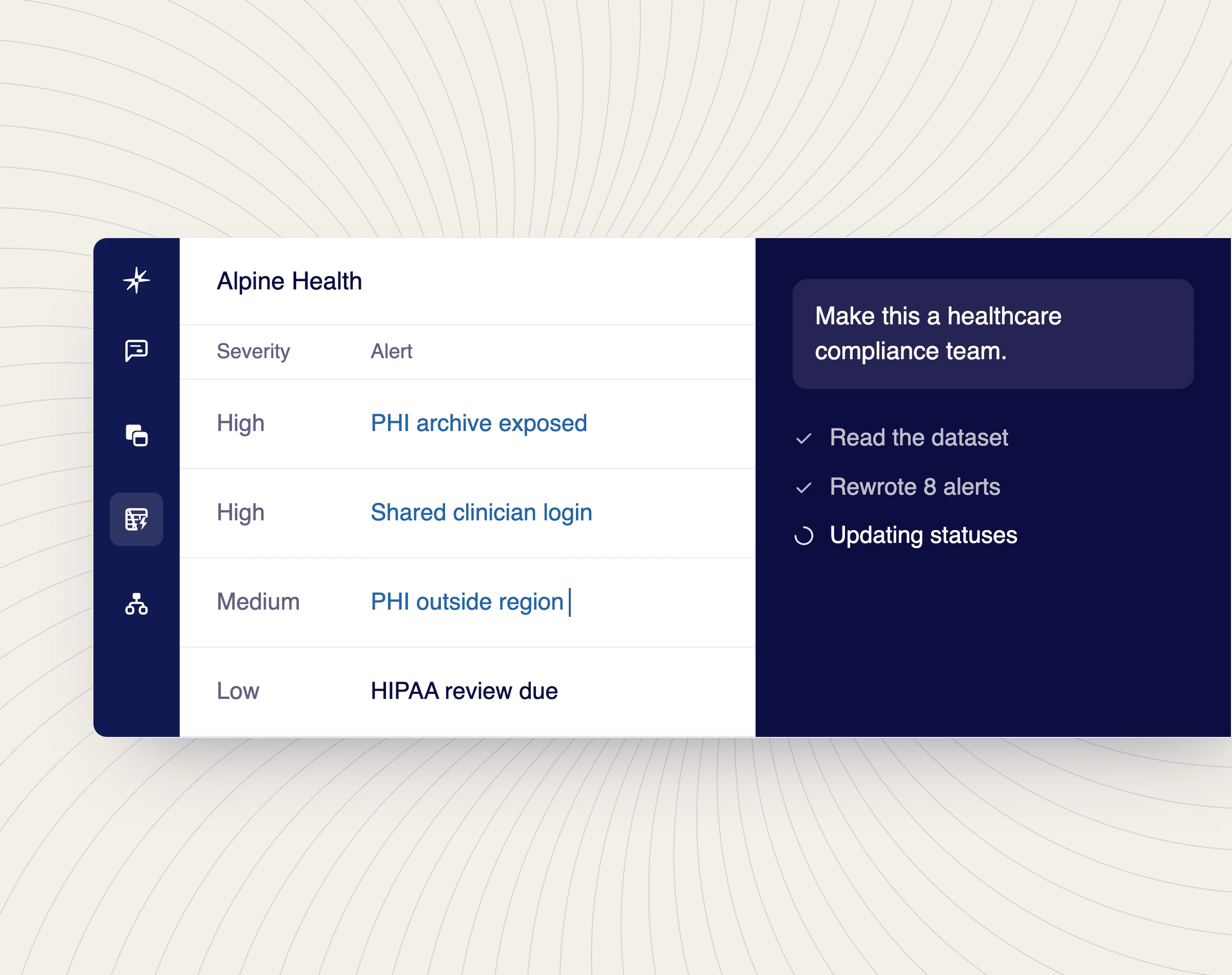 The Reprise app with the agent docked on the right, building an Alpine Health dataset for the screen on the canvas