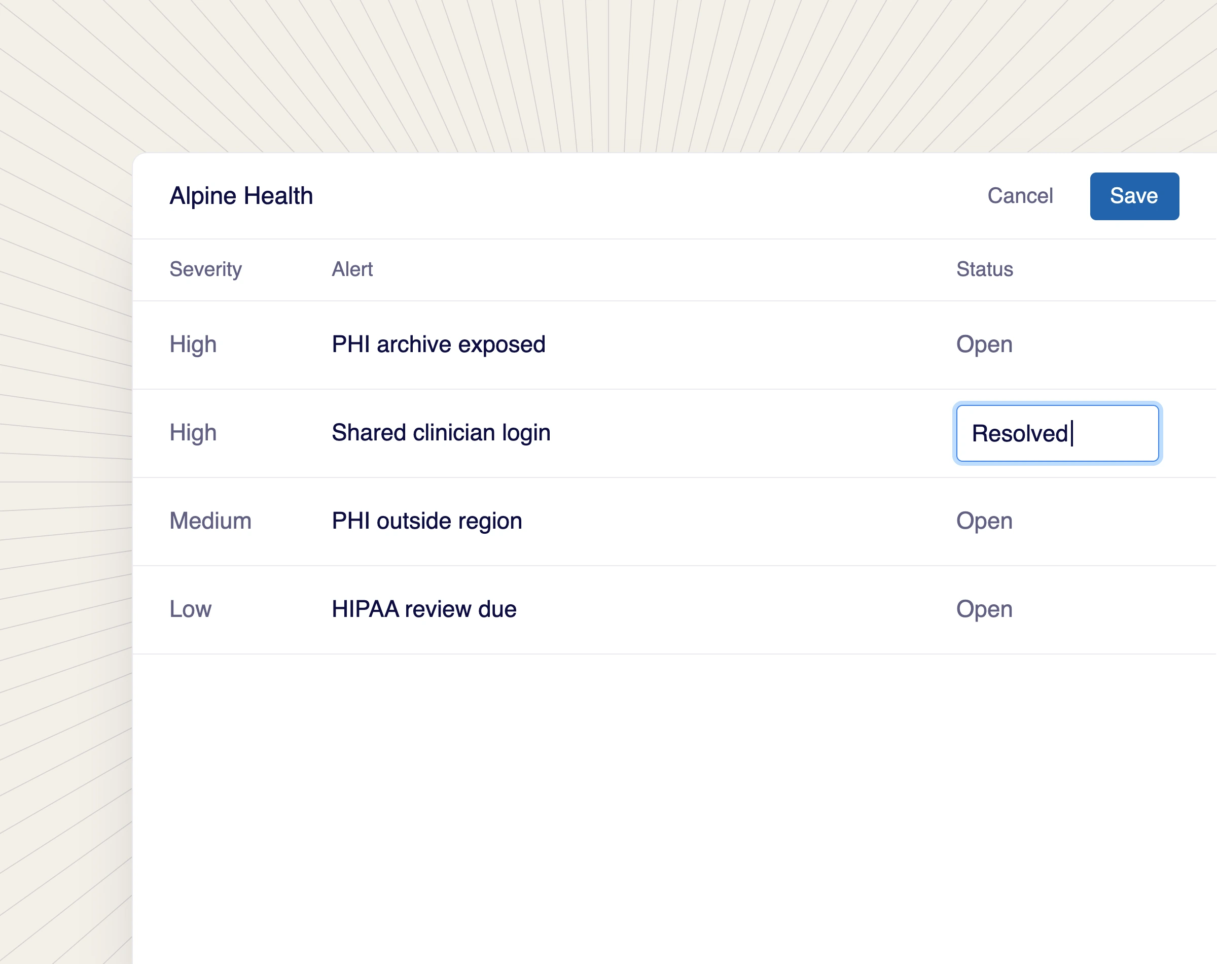 The Reprise app editing one value, open alerts, with the matching number outlined on the canvas