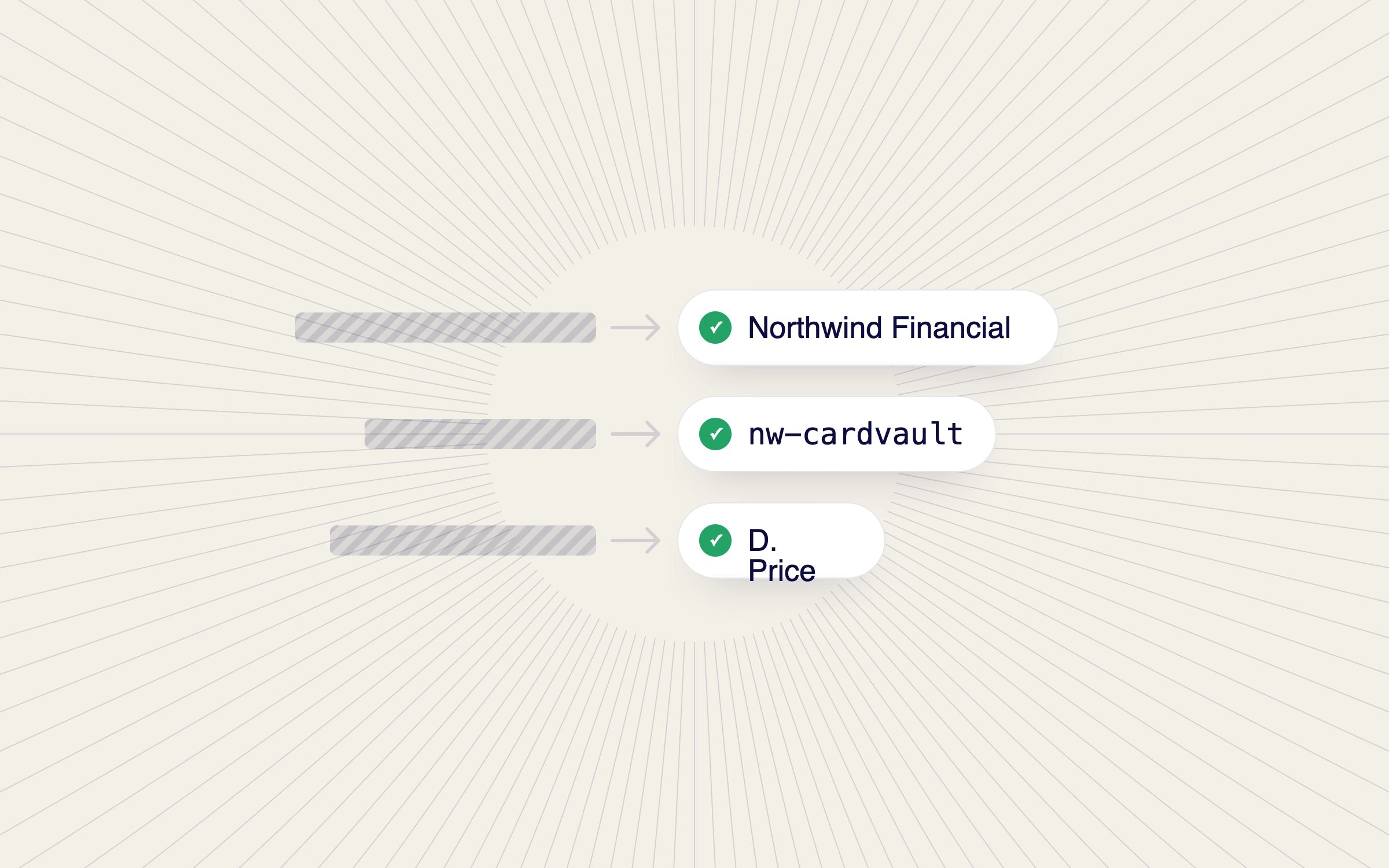 Three redacted values replaced with safe ones: Northwind Financial, nw-cardvault and D. Price