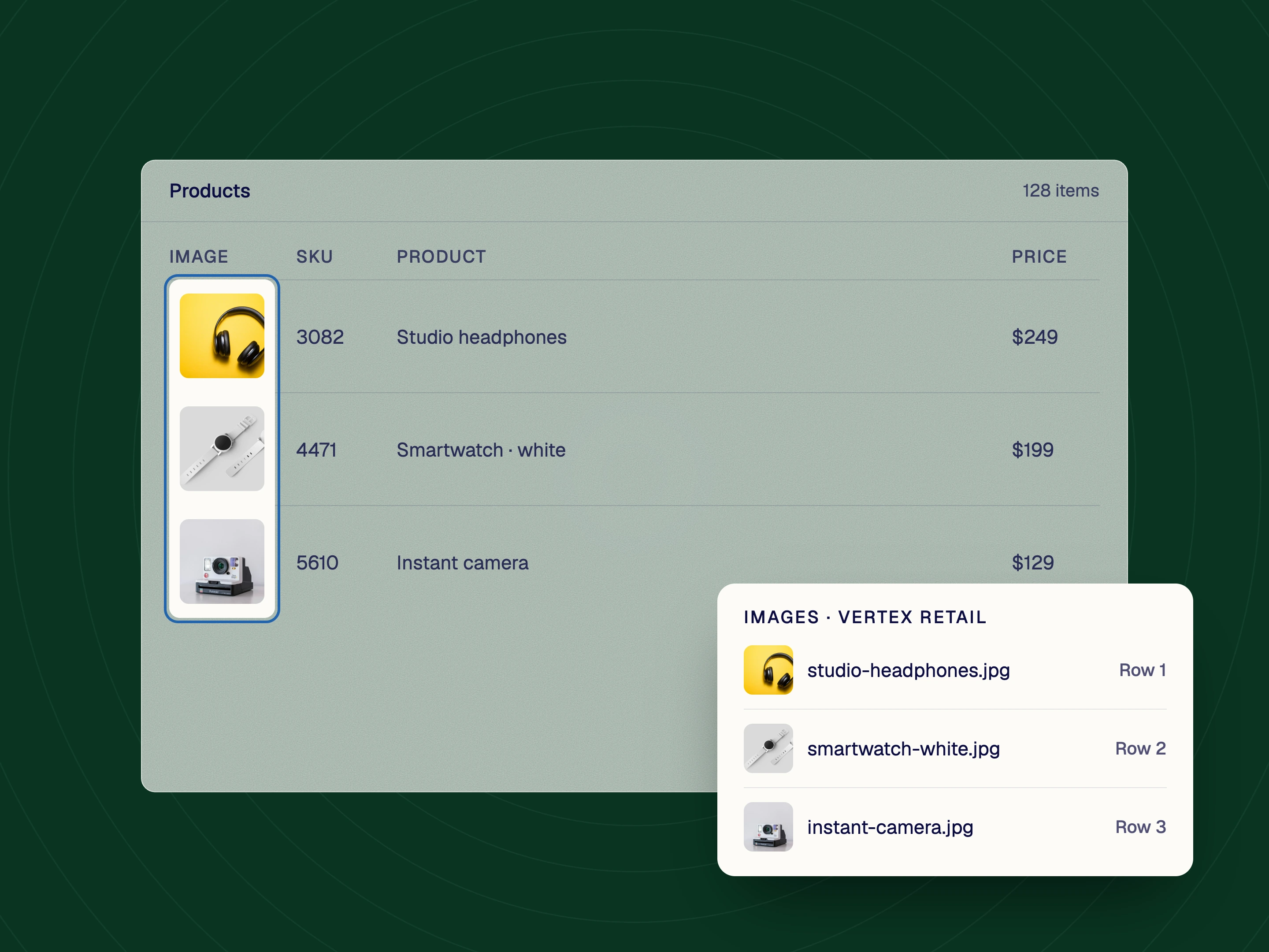 A products table with a thumbnail on every row, and a card listing the Vertex Retail image files matched to each row