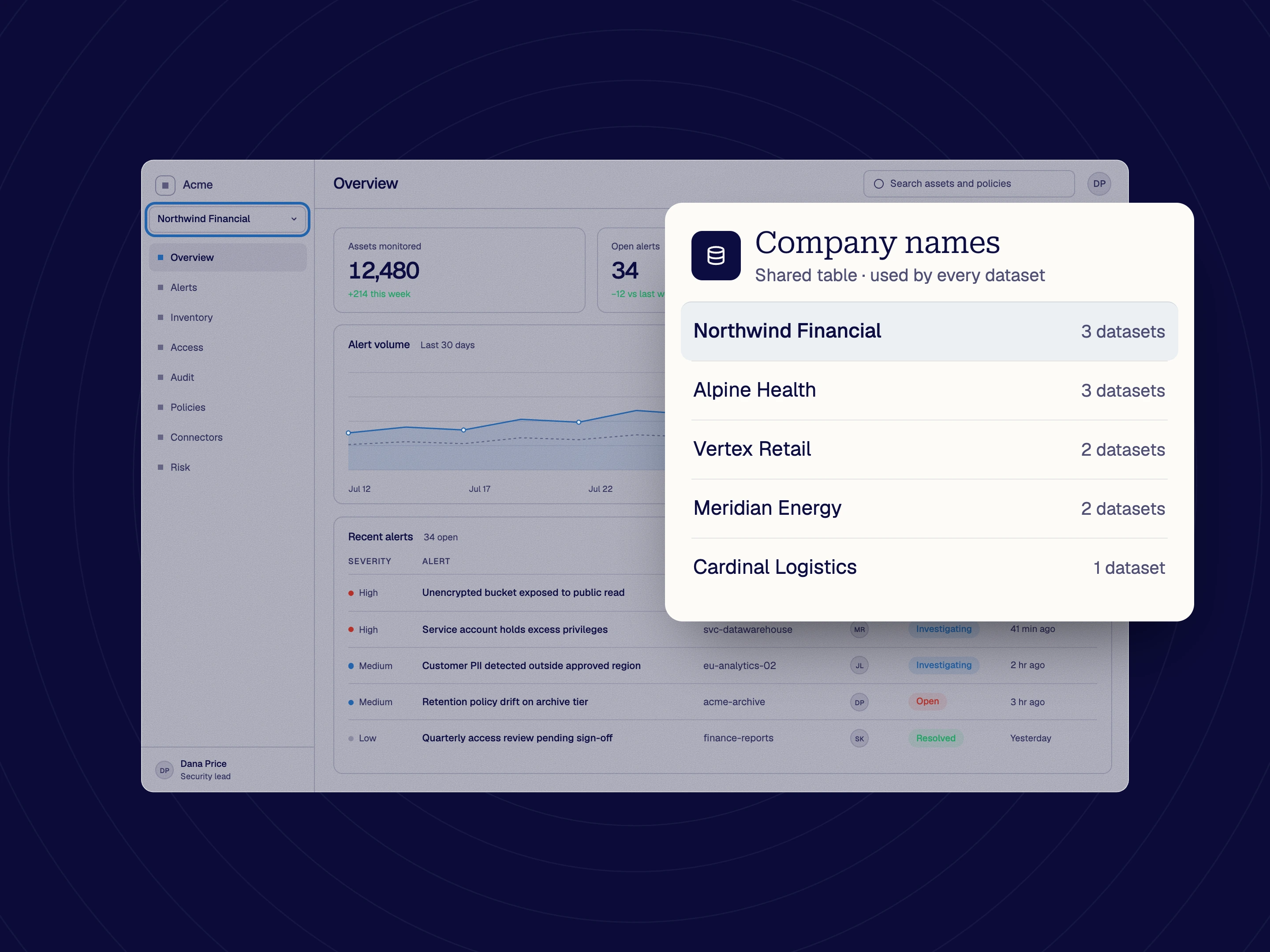 The Acme overview set to Northwind Financial, with a shared Company names table listing each company and how many datasets use it