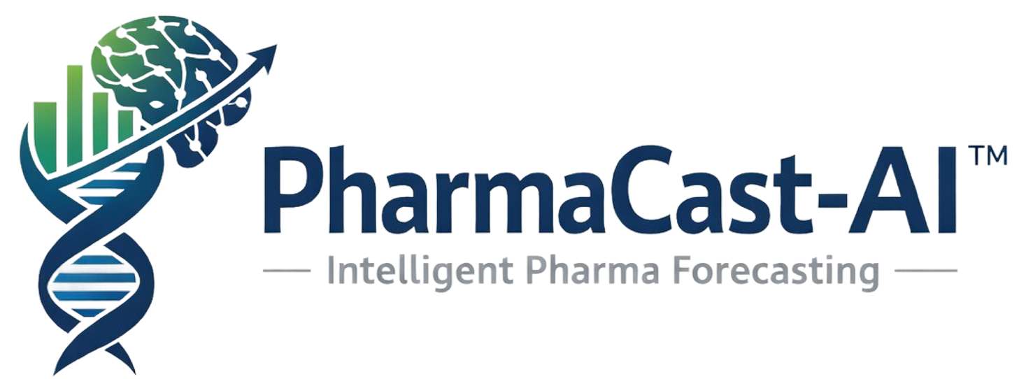 PharmaCast-AI logo with a DNA strand, brain, rising bar chart, and tagline Intelligent Pharma Forecasting.