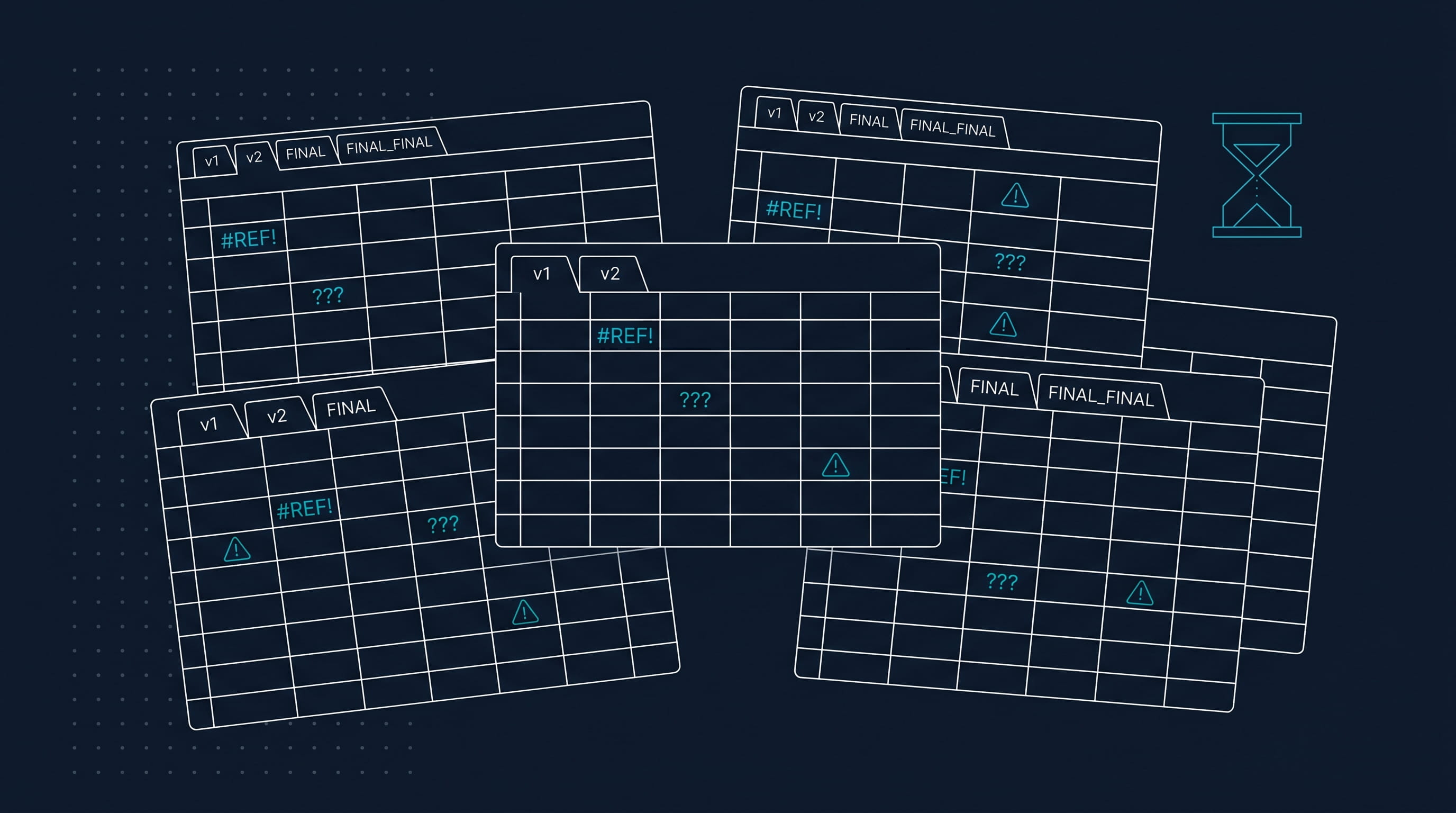 Five spreadsheet tables with error codes and warning icons on dark background and an hourglass symbol.