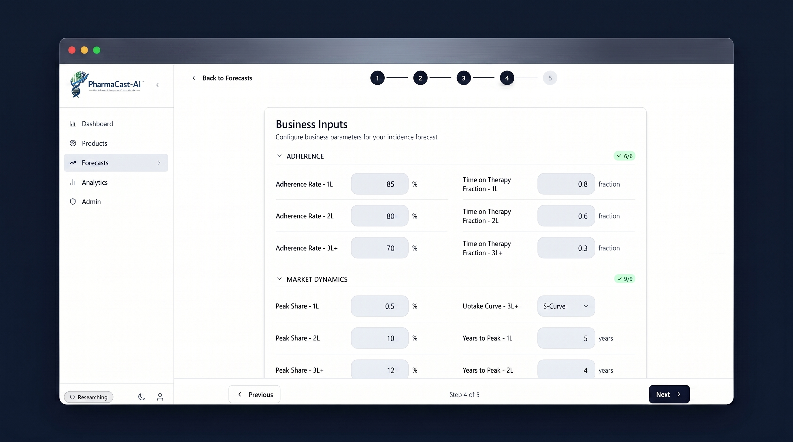 PharmaCast-AI dashboard displaying business inputs for adherence and market dynamics in incidence forecast setup.