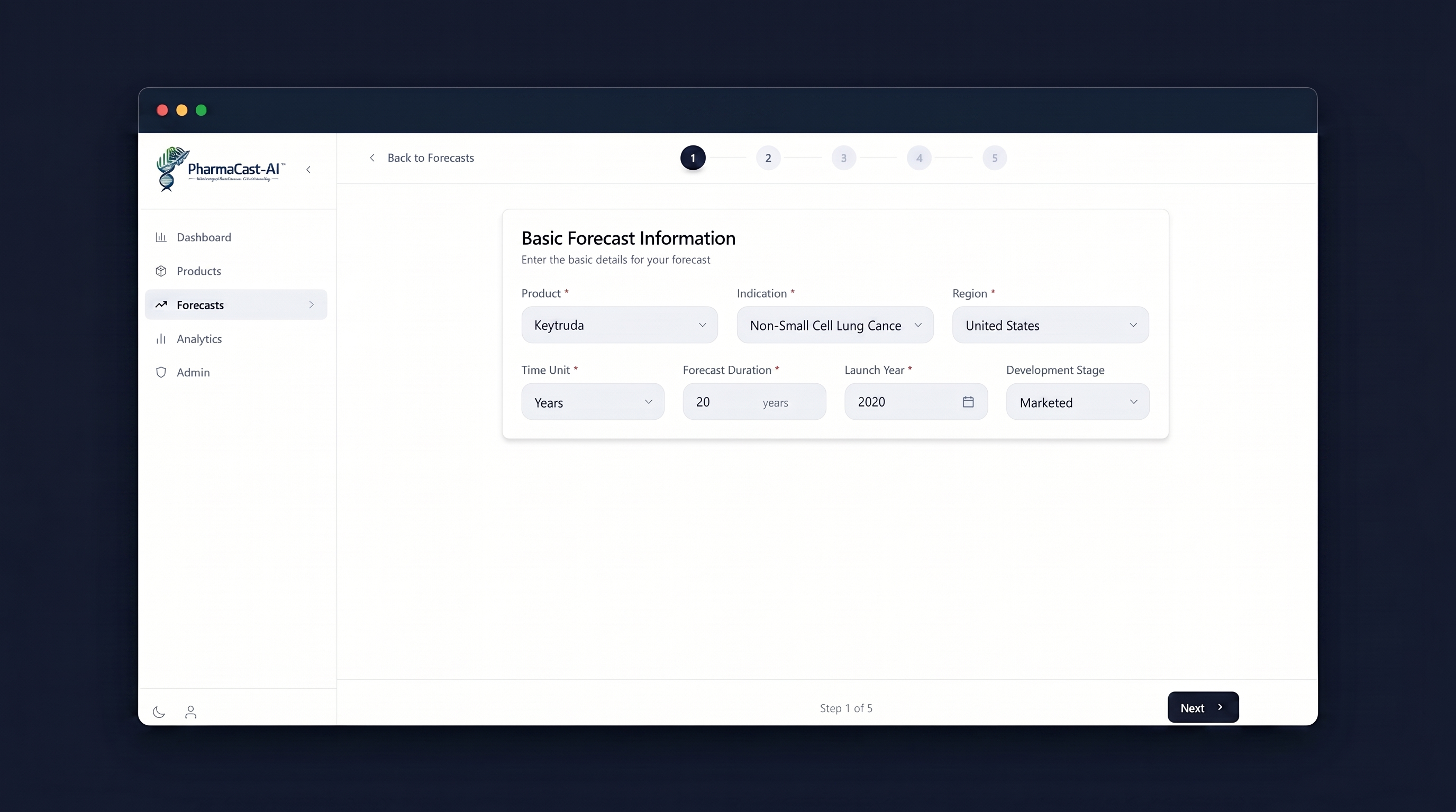 PharmaCast-AI dashboard showing a forecast form for Keytruda and lung cancer in the US with 2020 launch year.