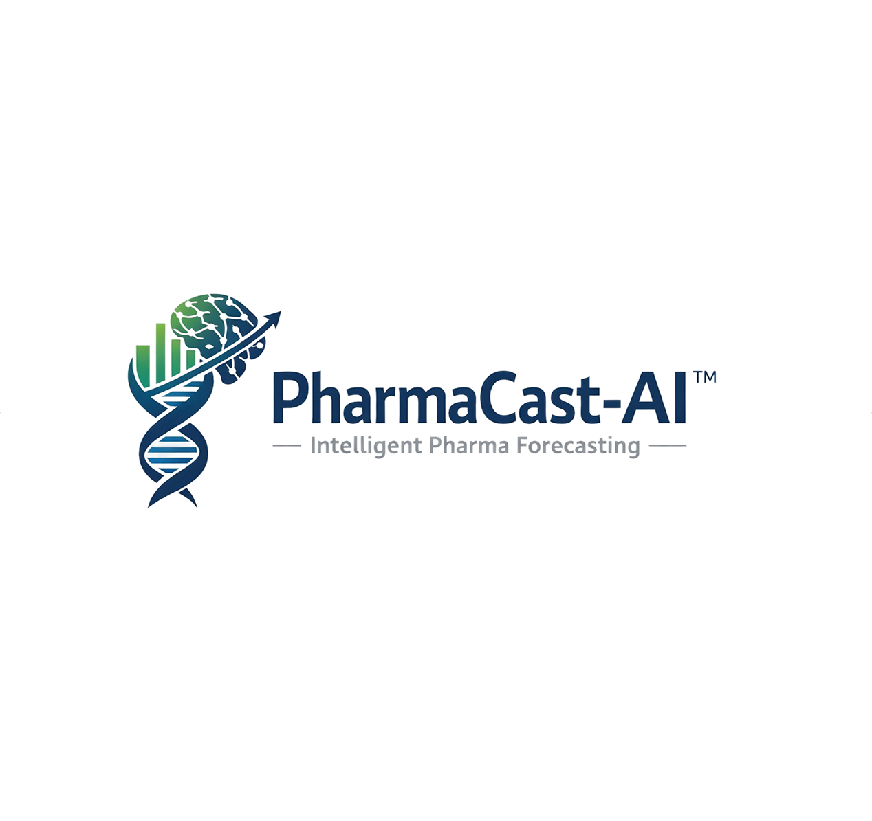 PharmaCast-AI logo with DNA helix, brain, bar chart, and upward arrow representing intelligent pharma forecasting.