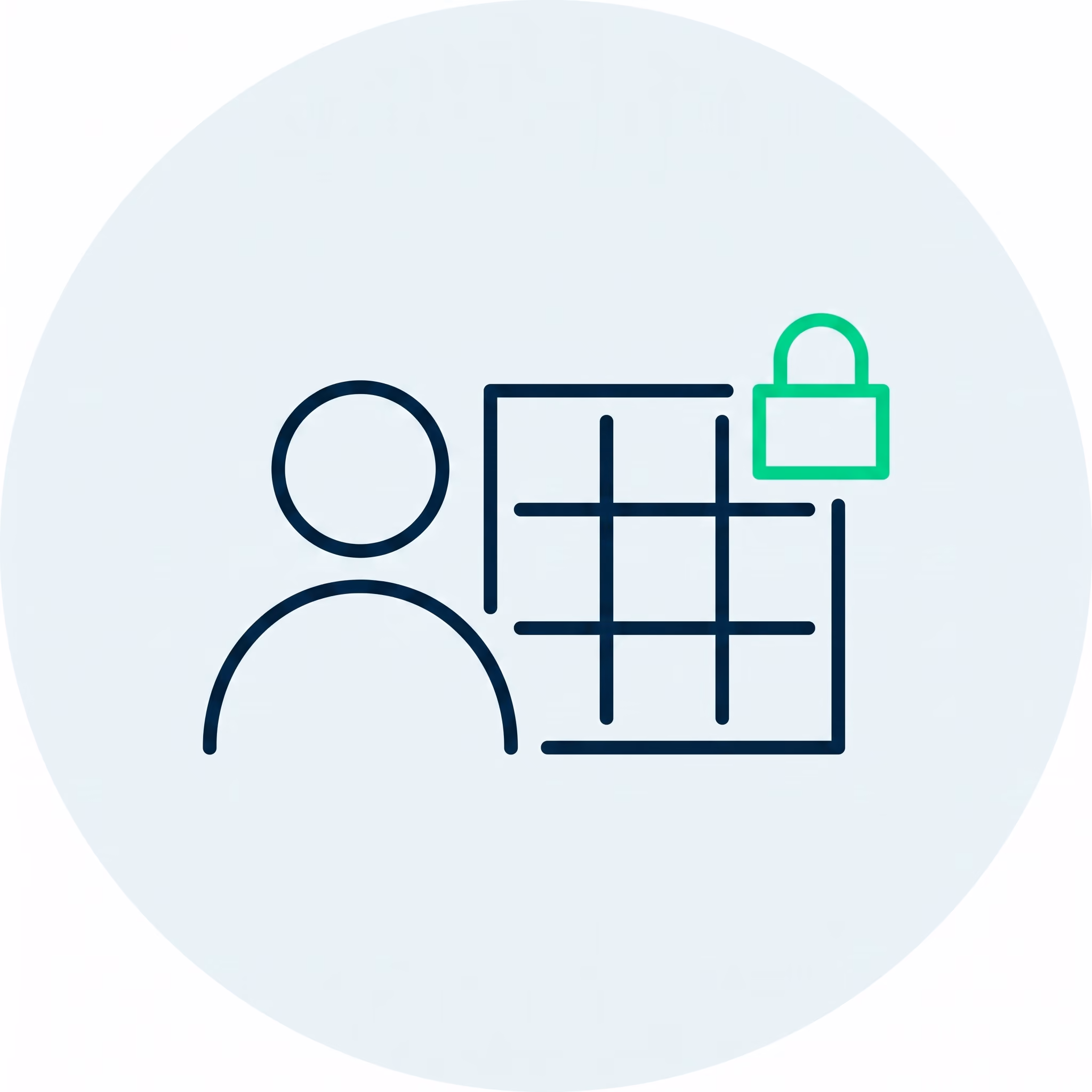 User icon next to a grid with a green lock symbolizing secured access or privacy.
