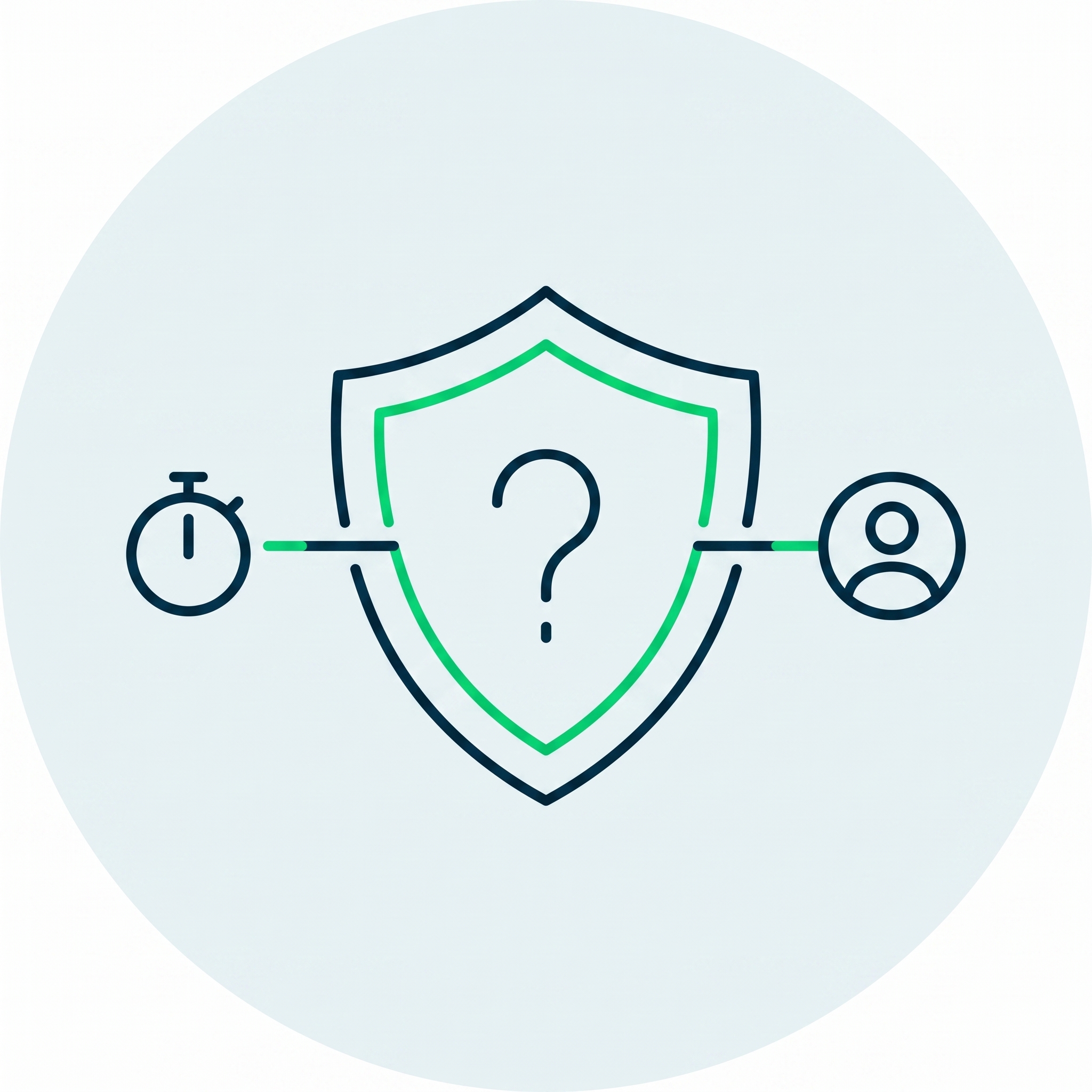 Shield with a question mark connected to a stopwatch on the left and a user icon on the right.