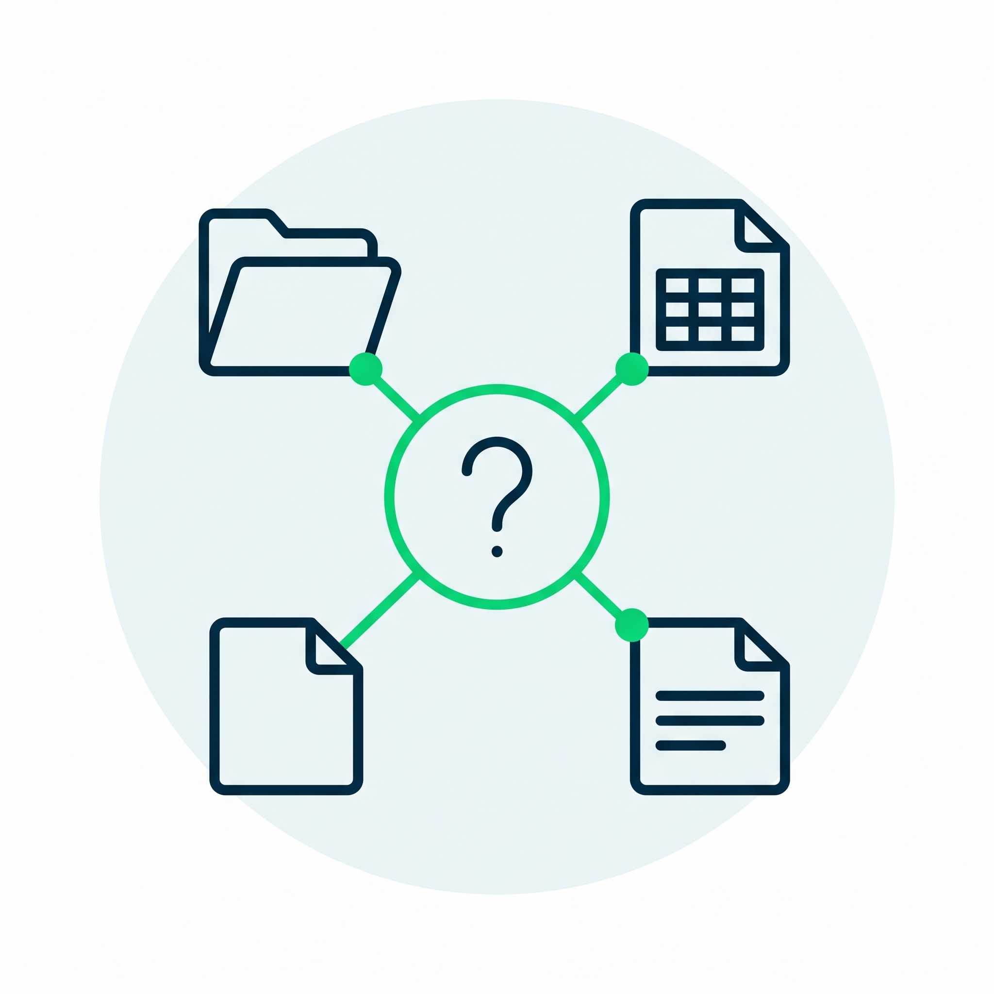 Central question mark connected to icons of folder, spreadsheet, blank document, and text document.