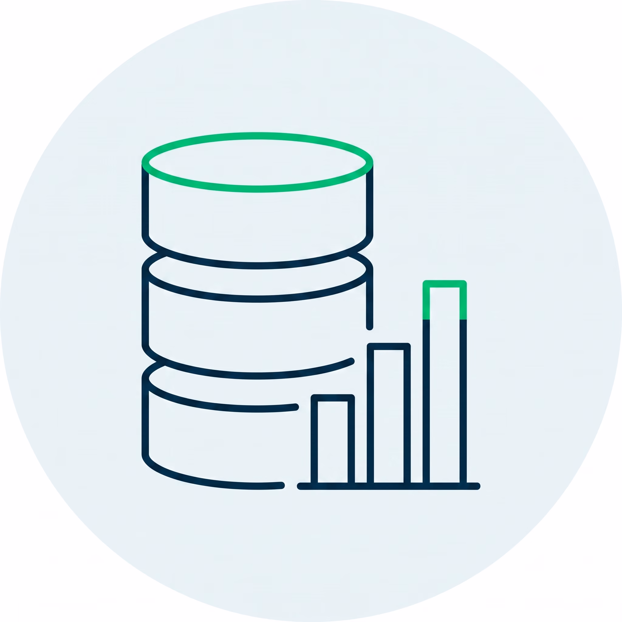 Icon of stacked database disks with ascending bar chart on the right side.