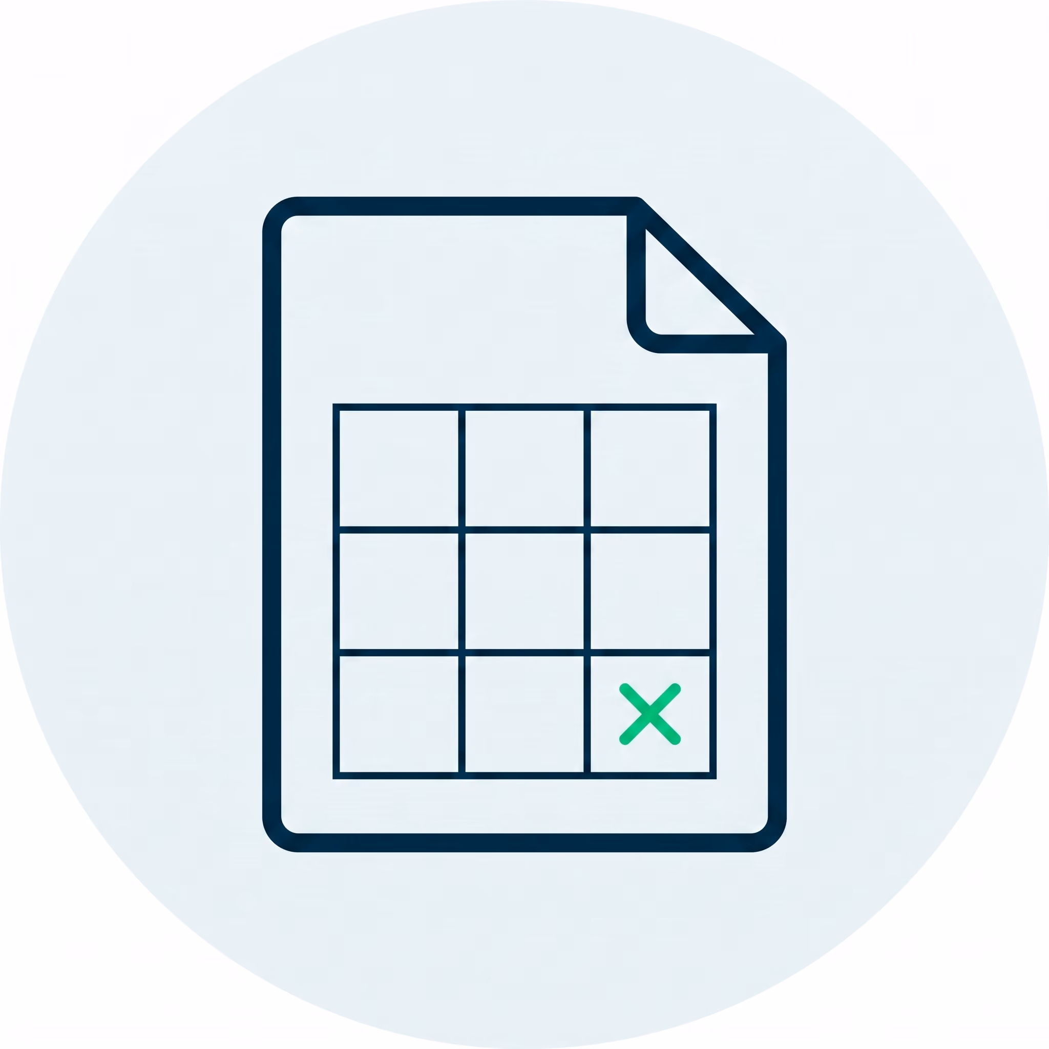 Document icon showing a grid with a green X mark in the bottom right cell.