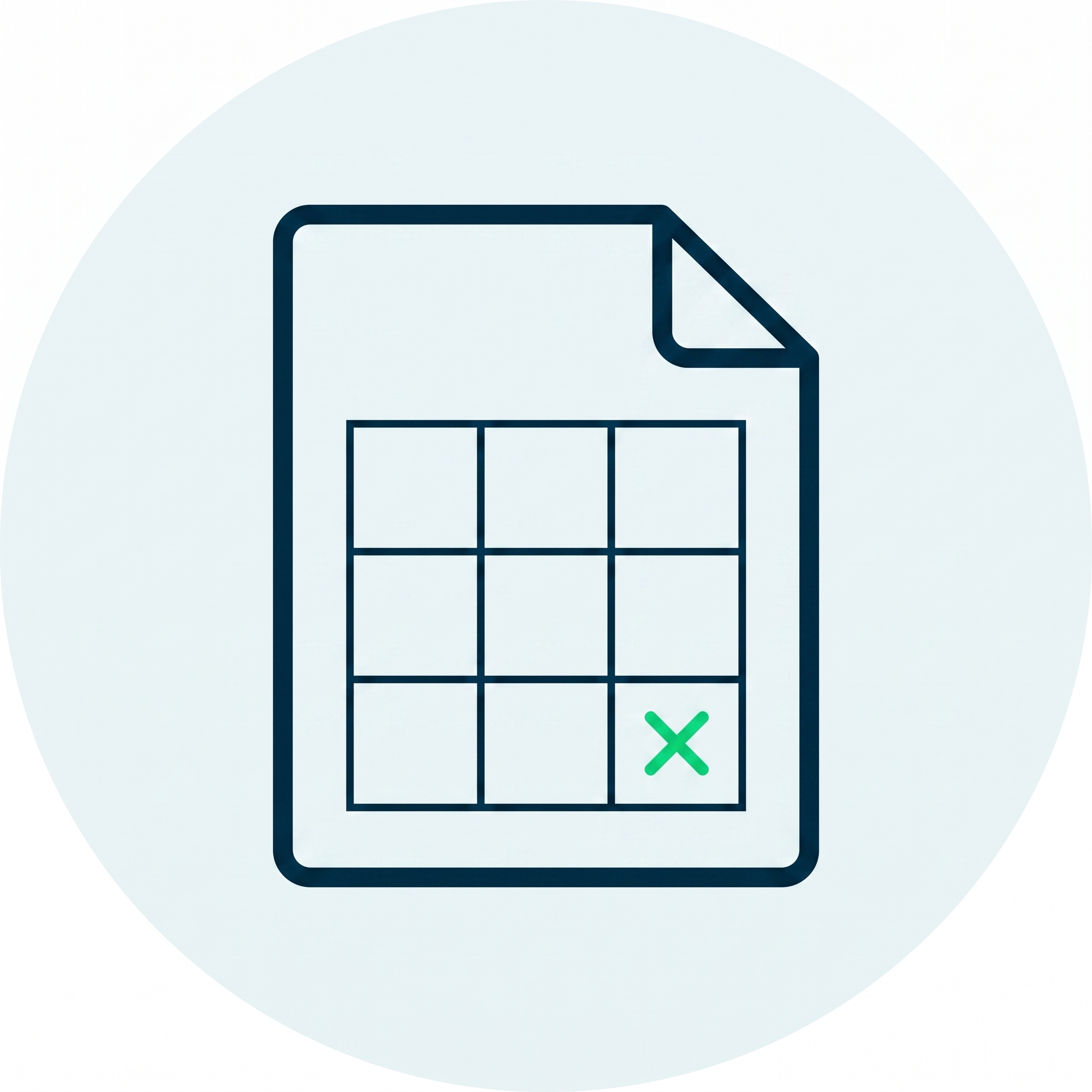 Document icon showing a grid with a green X mark in the bottom right cell.