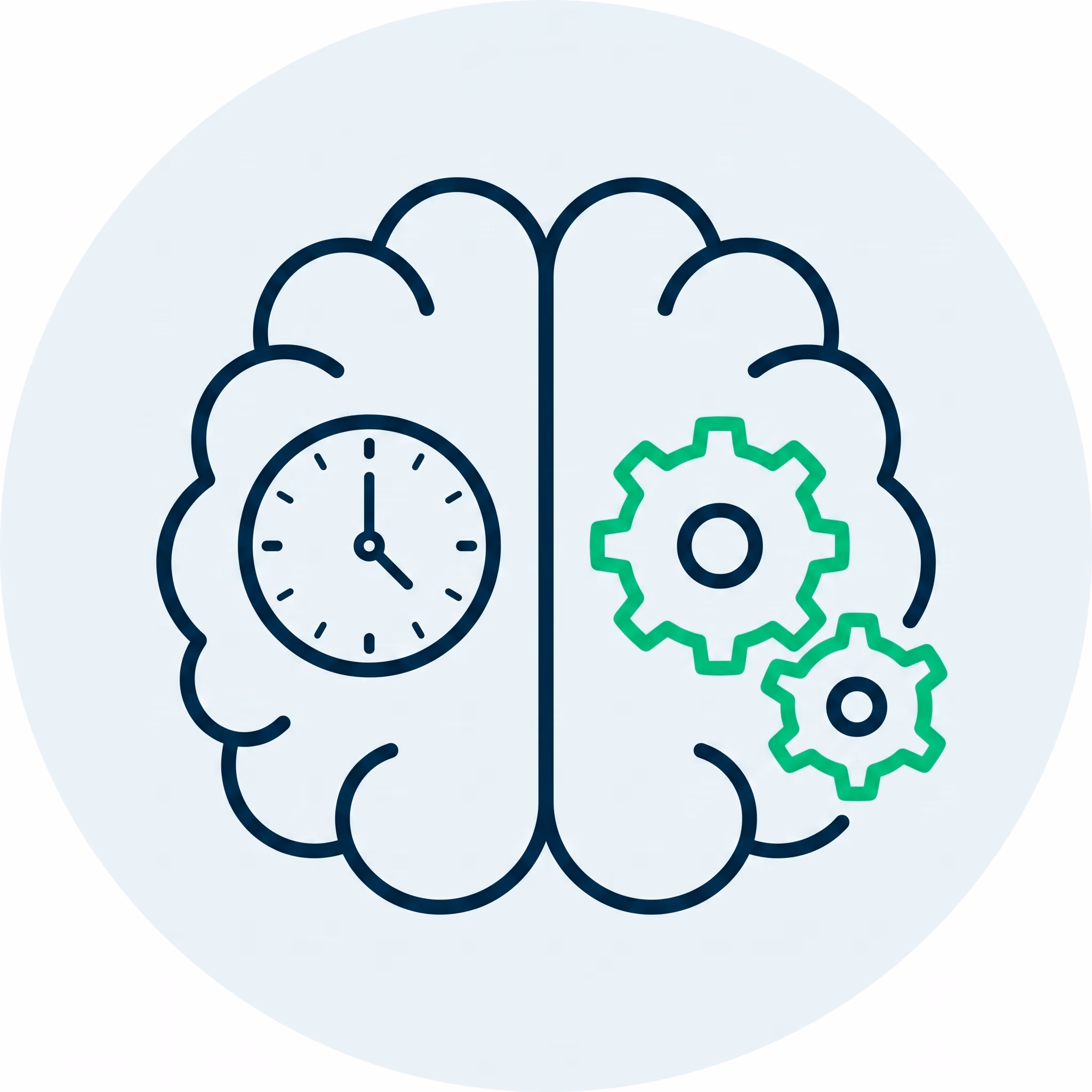Line drawing of a brain with a clock on the left side and two green gears on the right side.