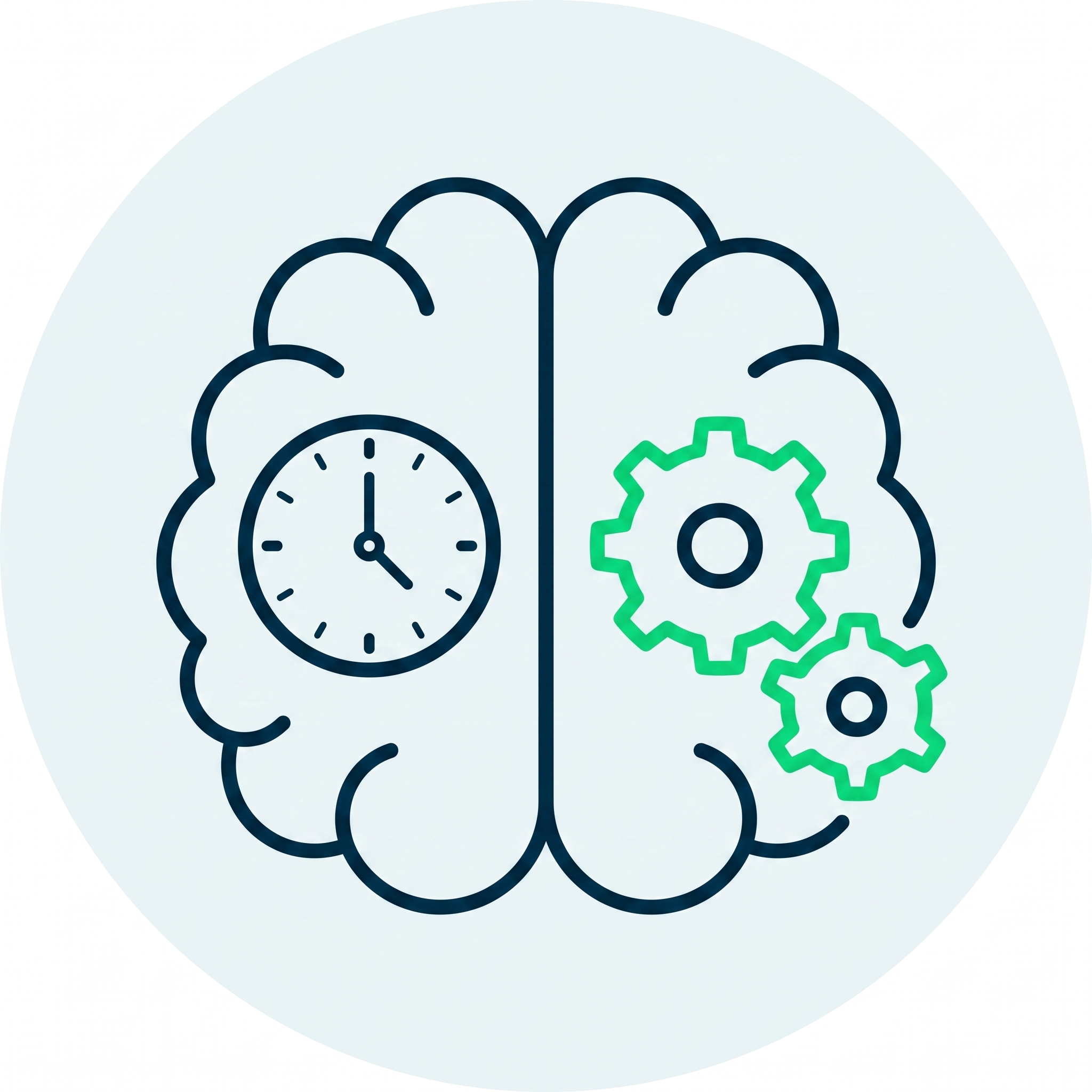 Line drawing of a brain with a clock on the left side and two green gears on the right side.