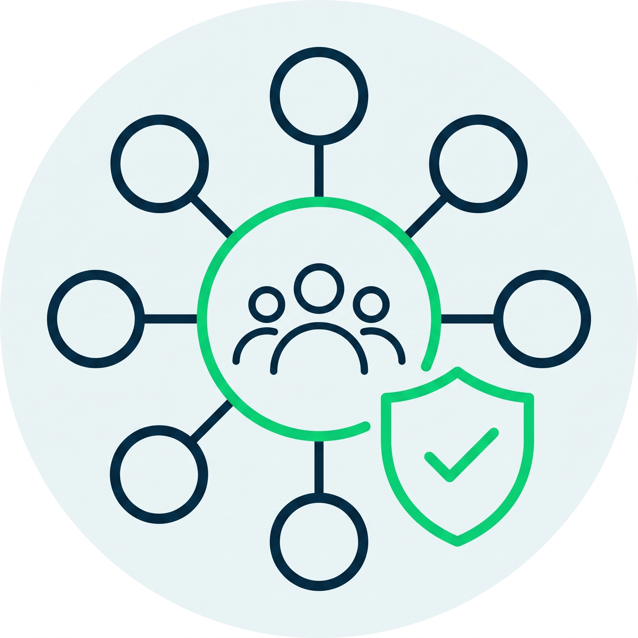 Network diagram with a central group of people icon linked to empty nodes and a shield with a check mark.