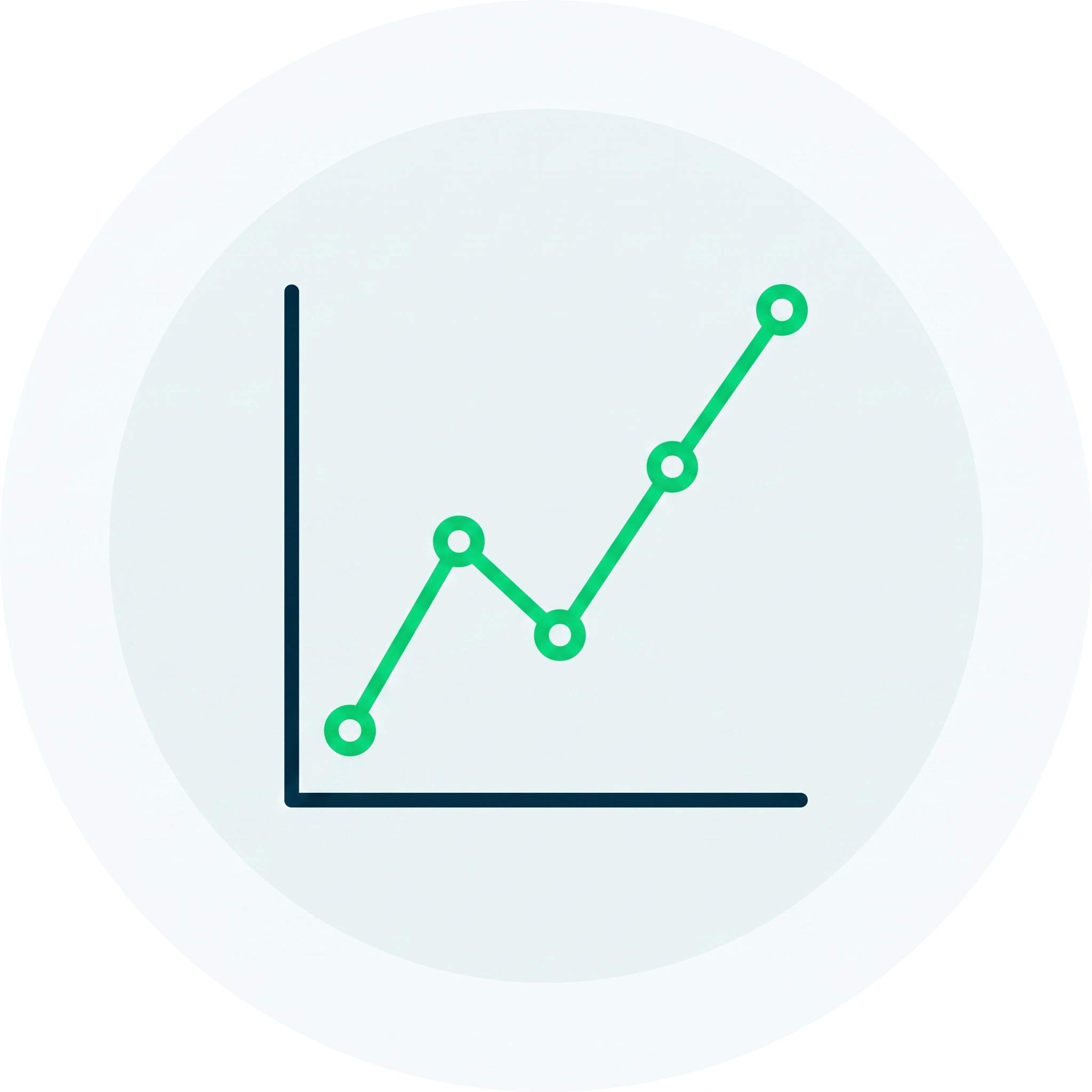 Line graph with green points showing an upward trend on x and y axes inside a circle.