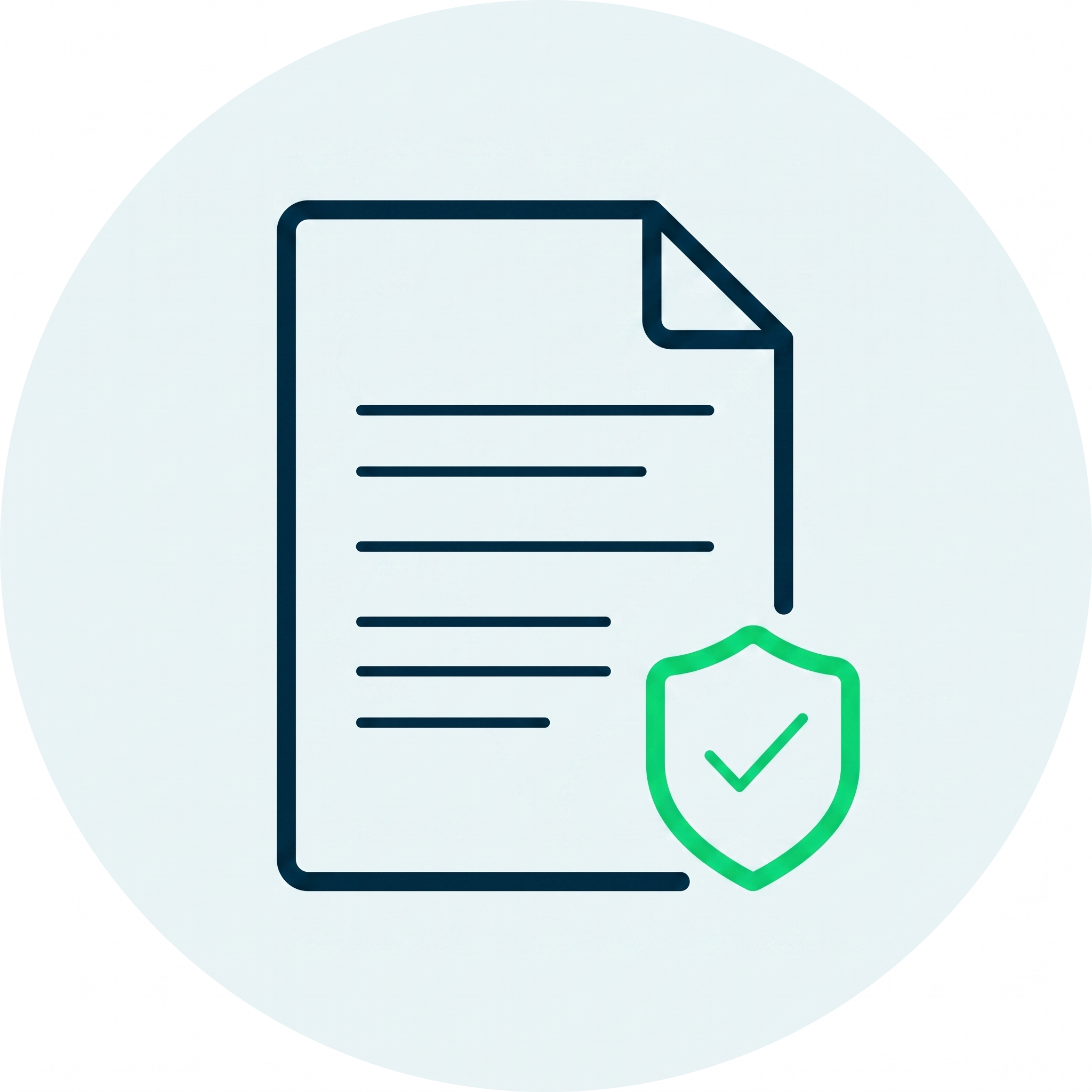 Document icon with lines and a green shield featuring a checkmark for security or verification.