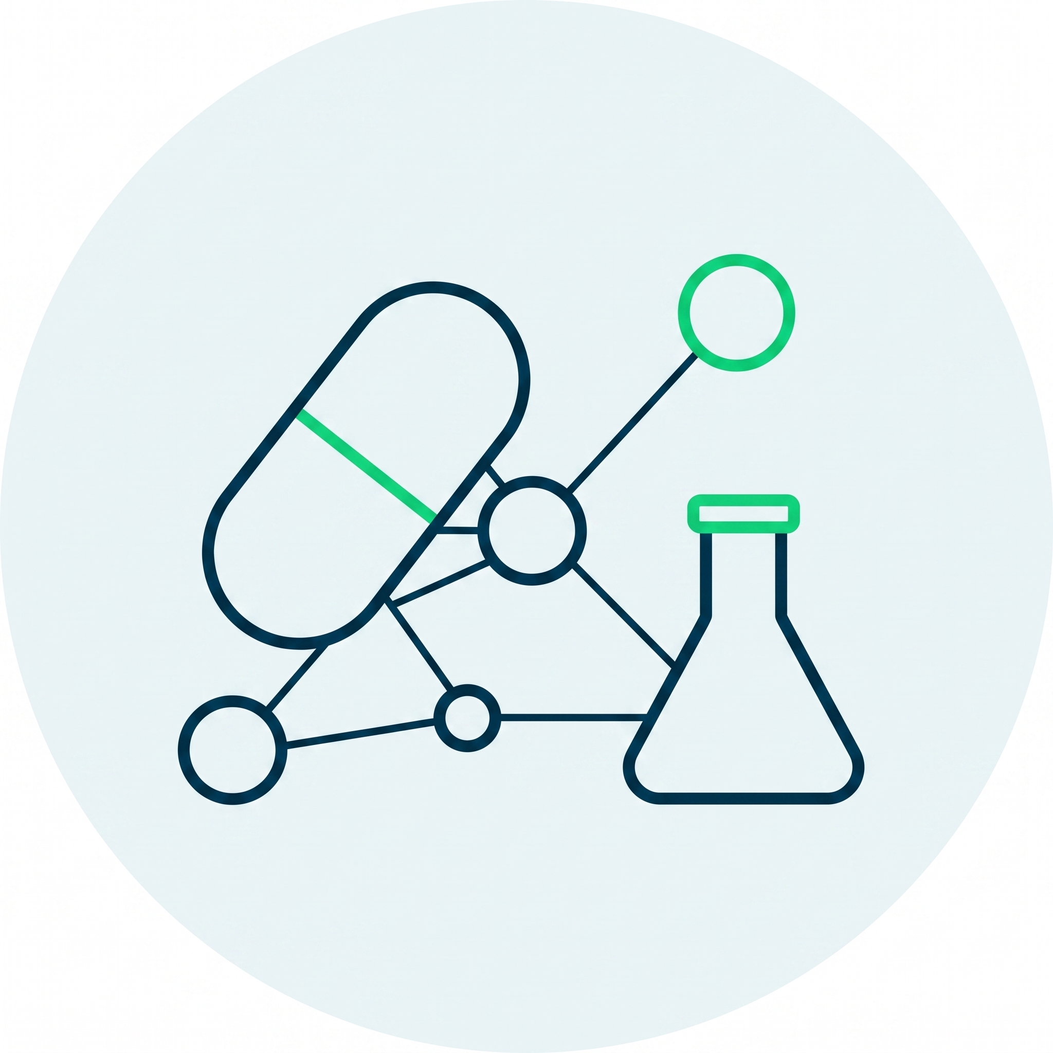 Line art of a capsule pill, connected molecular nodes, and a flask representing pharmaceutical research.