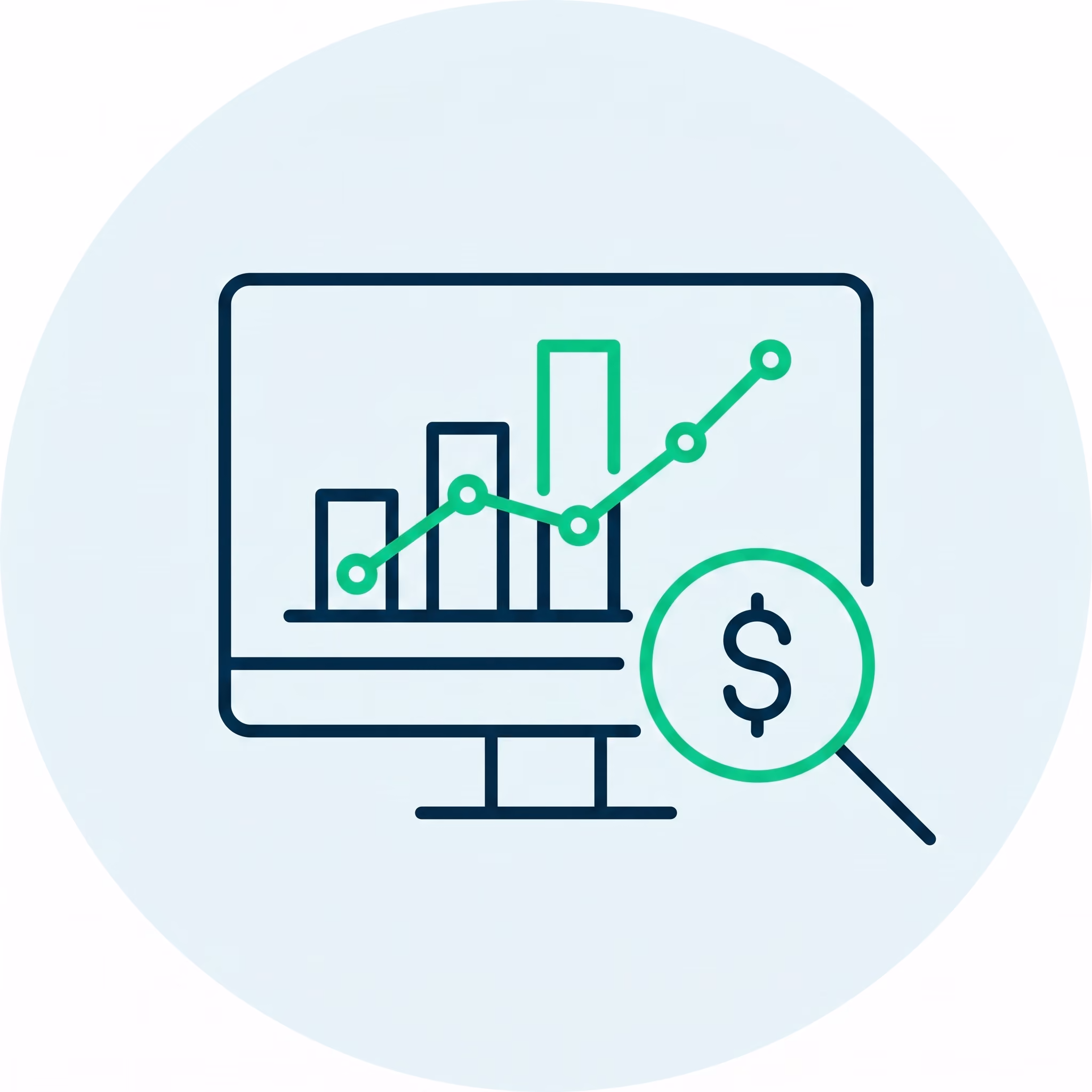 Computer screen with a bar chart and line graph alongside a magnifying glass over a dollar sign.