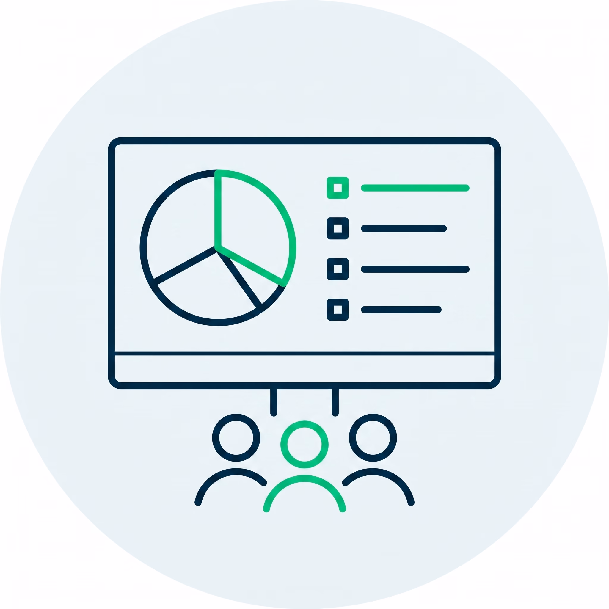 Three outlined figures below a screen showing a pie chart with one section highlighted and a checklist.