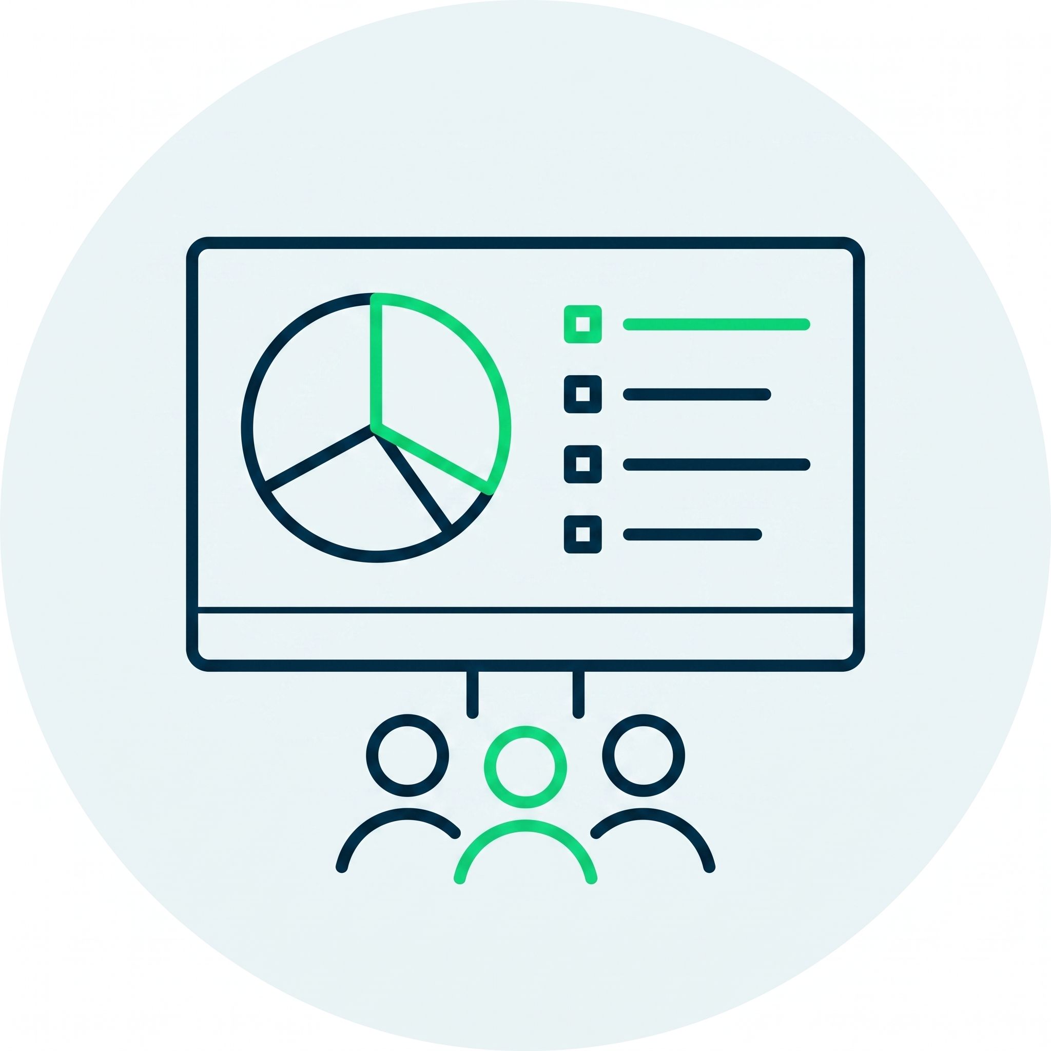 Three outlined figures below a screen showing a pie chart with one section highlighted and a checklist.