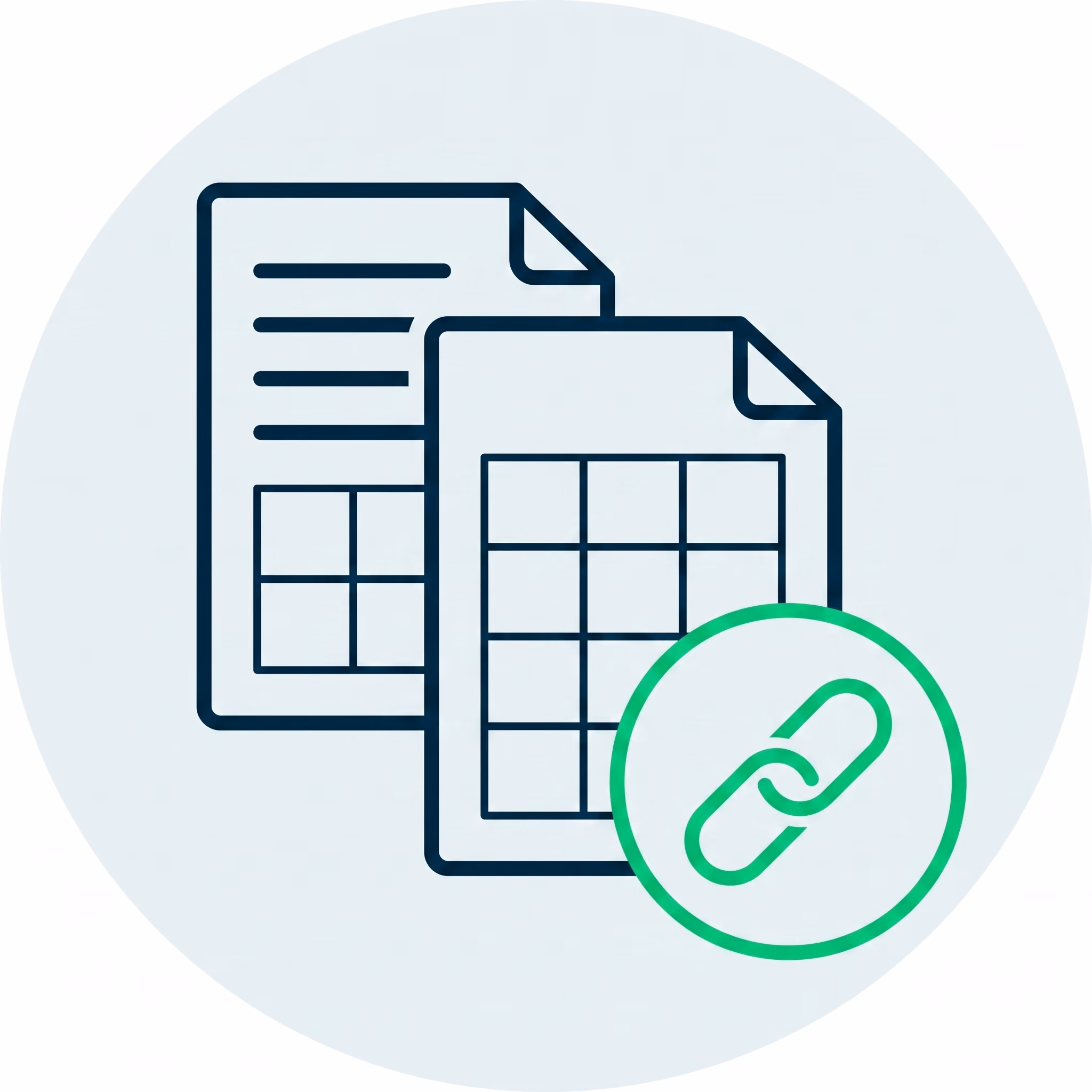 Two document icons with tables and a green link symbol inside a circle on a light background.