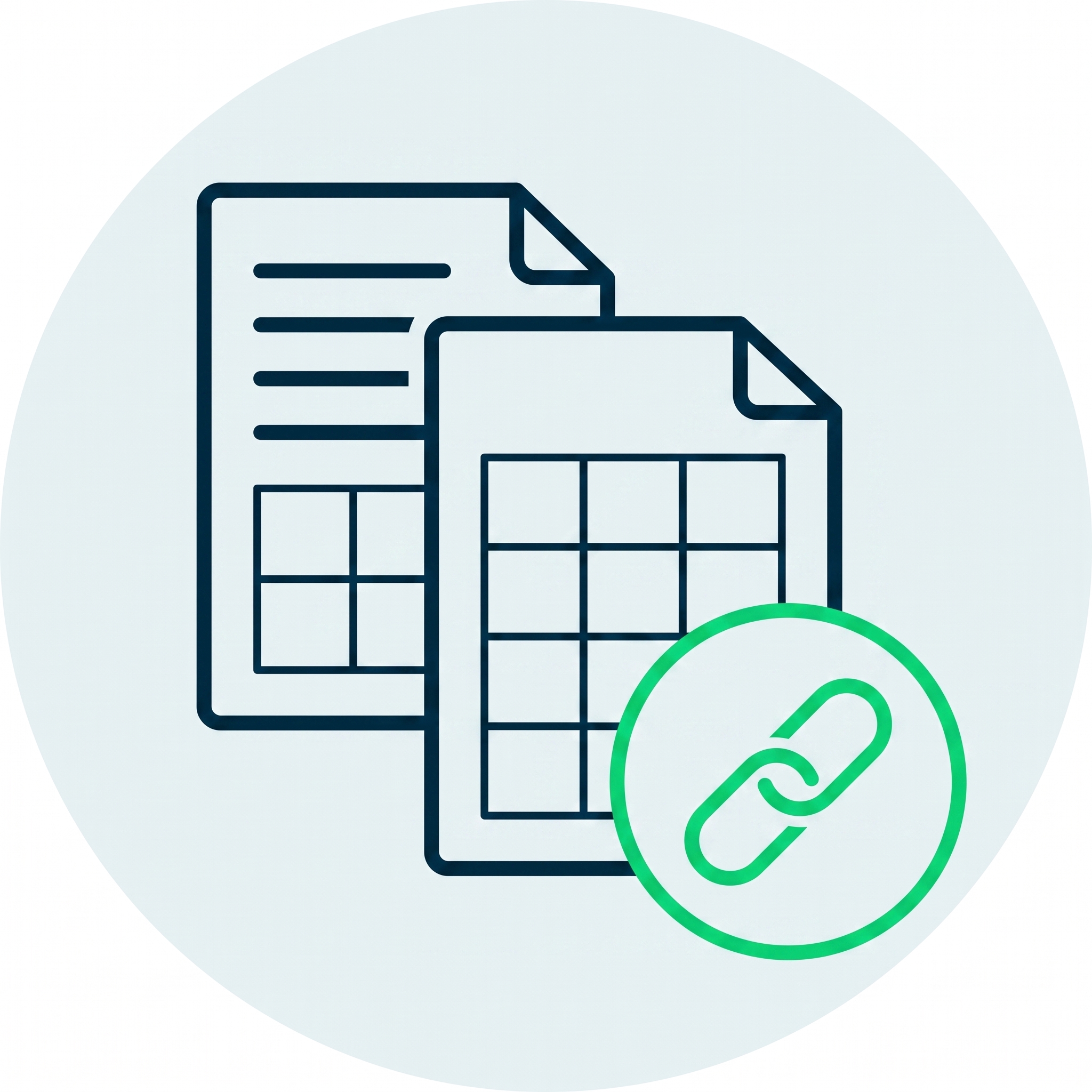 Two document icons with tables and a green link symbol inside a circle on a light background.