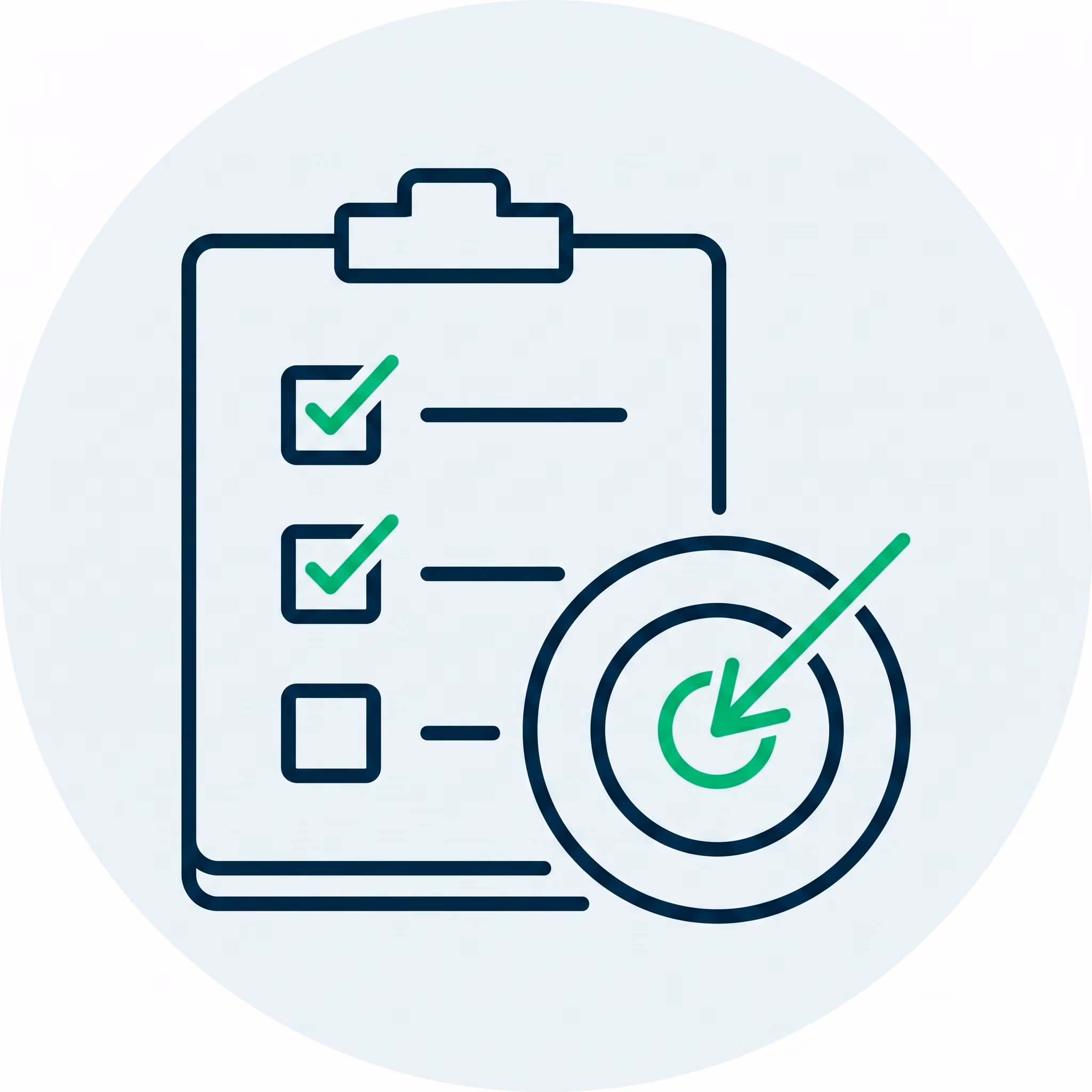 Checklist with two items checked and one unchecked beside a target with an arrow hitting the center.