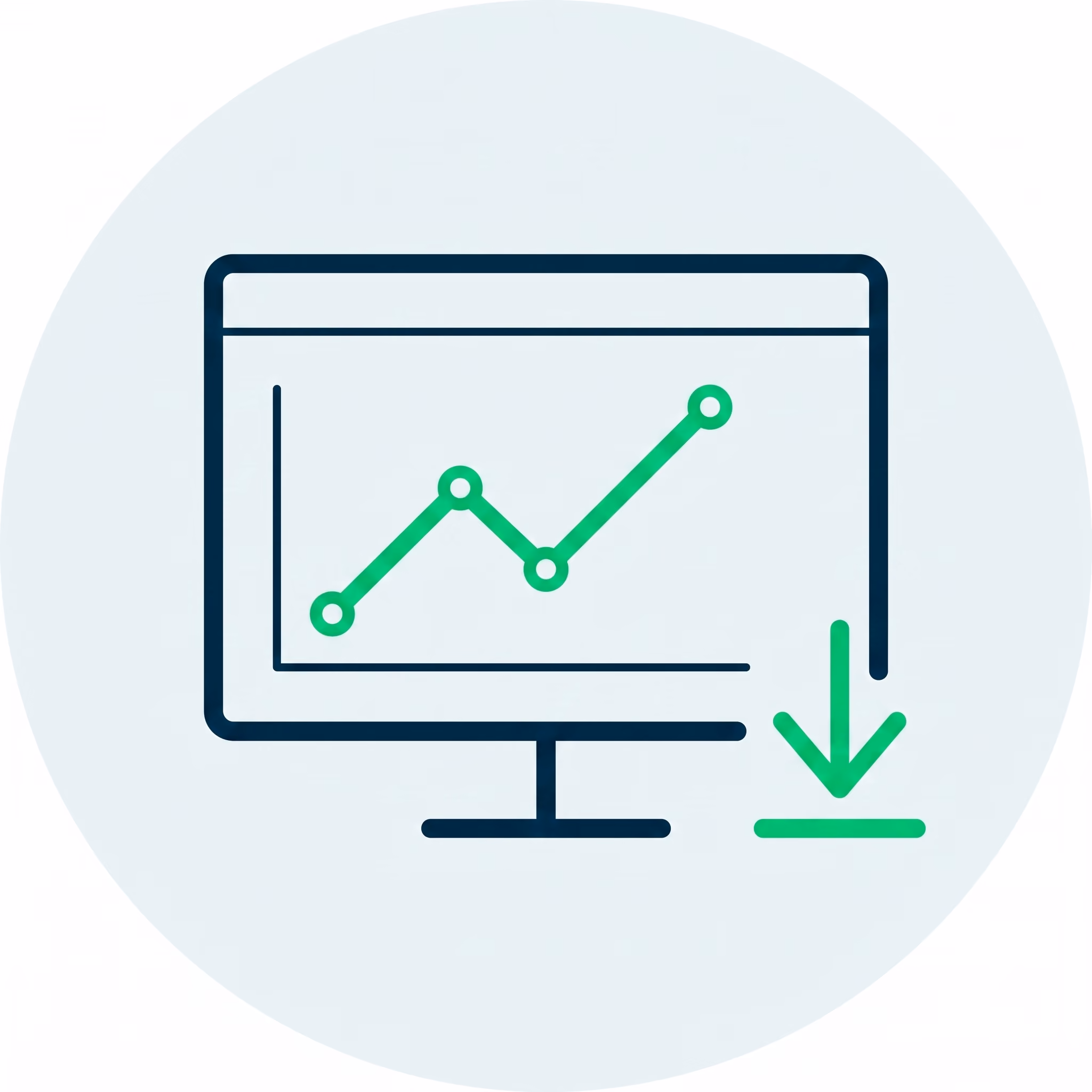 Computer screen with rising green line graph and a green download arrow beside it.