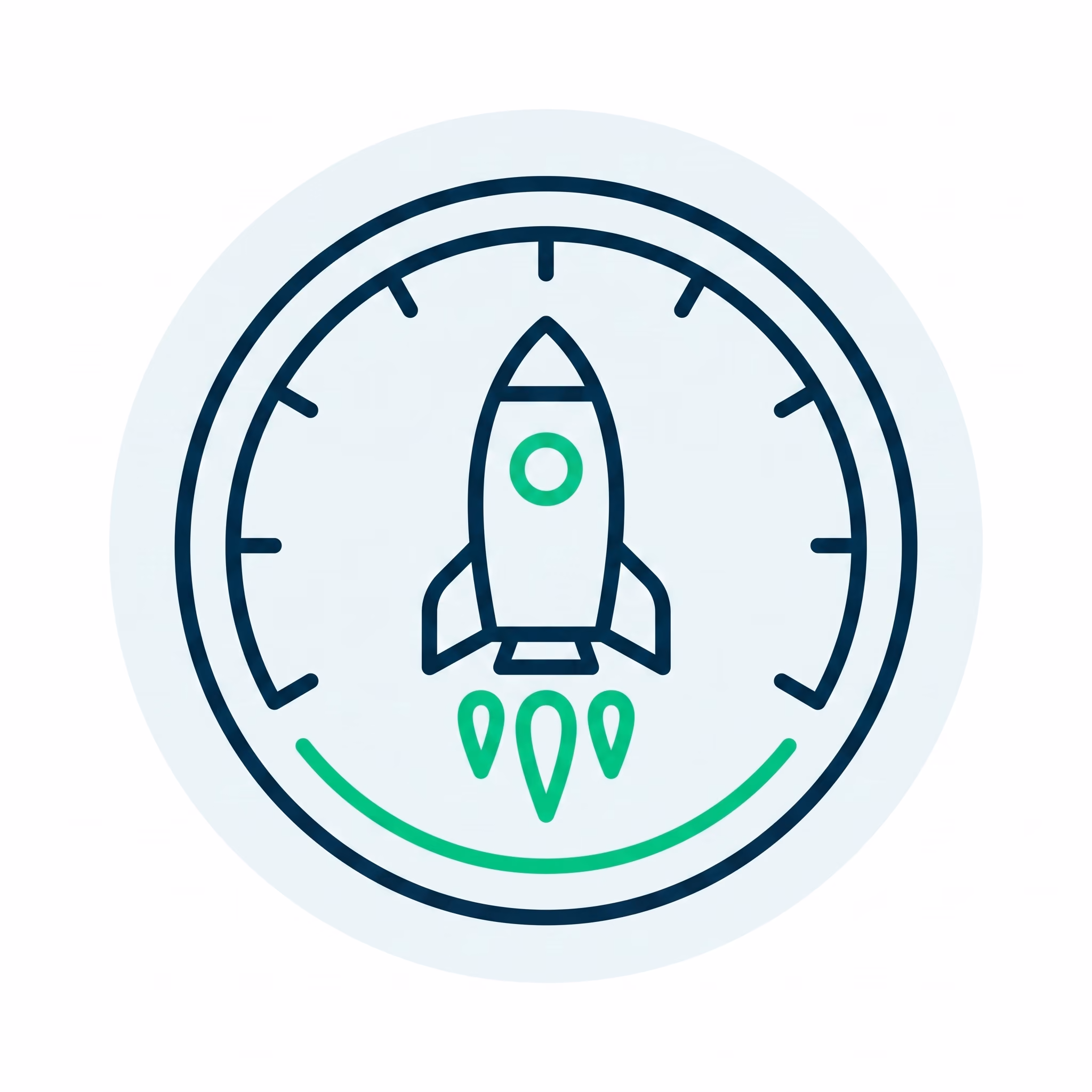 Rocket launching inside a speedometer gauge with a green progress arc.