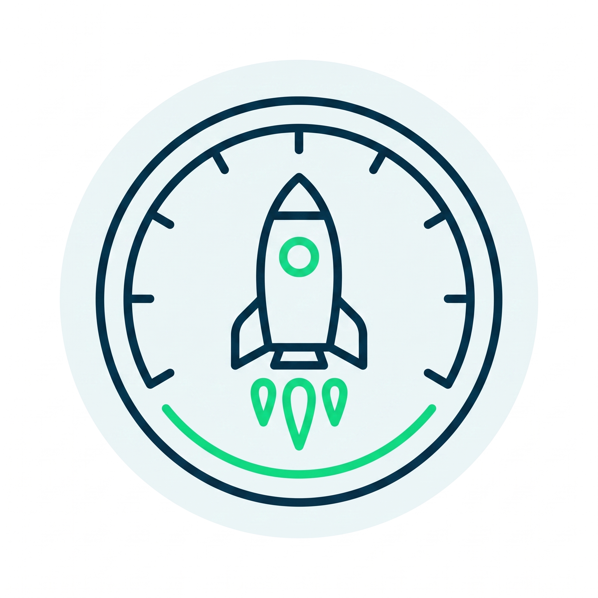 Rocket launching inside a speedometer gauge with a green progress arc.