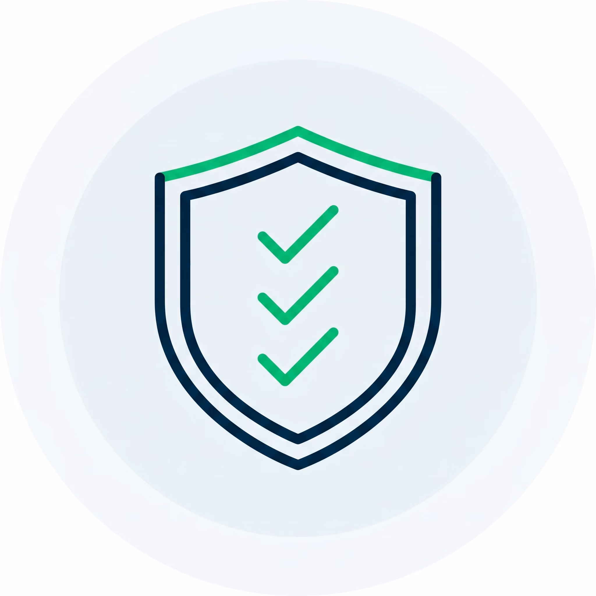 Outlined shield with three green checkmarks inside symbolizing security and verification.