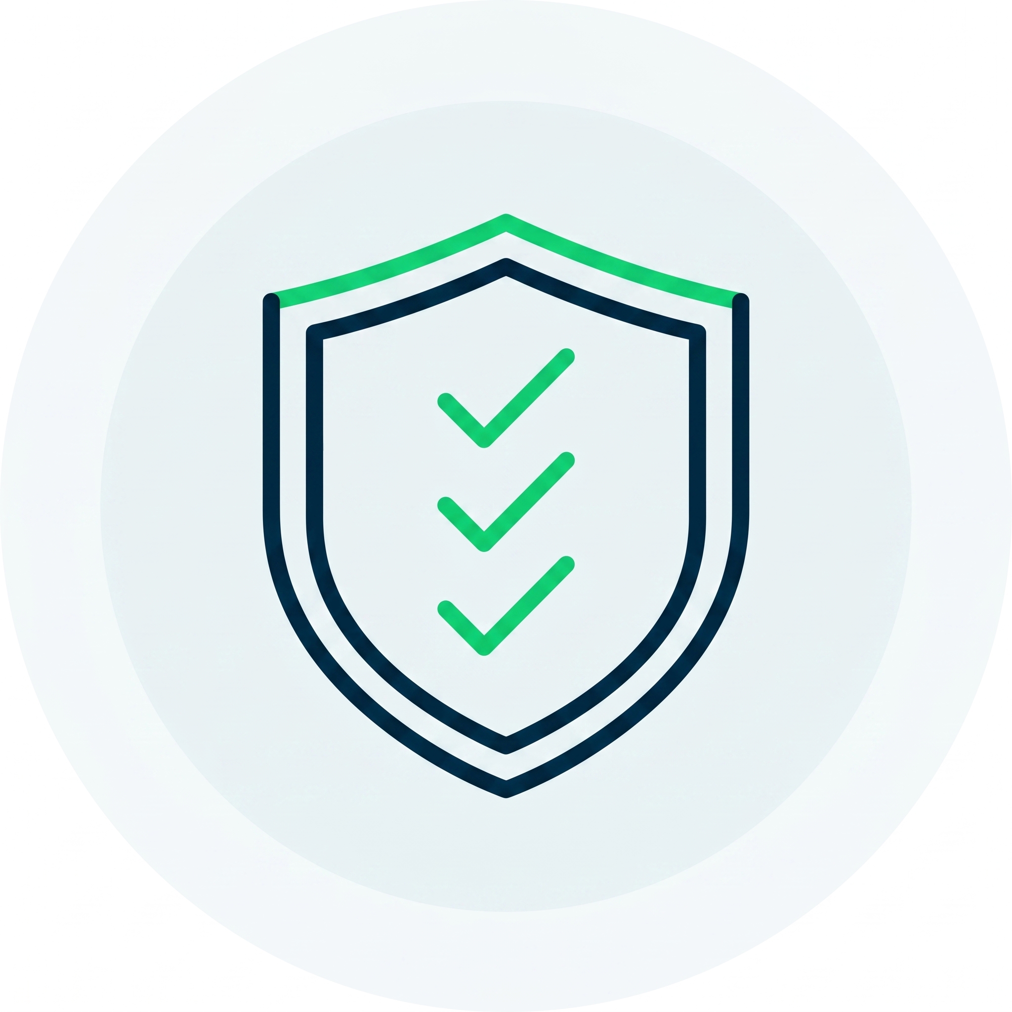 Outlined shield with three green checkmarks inside symbolizing security and verification.