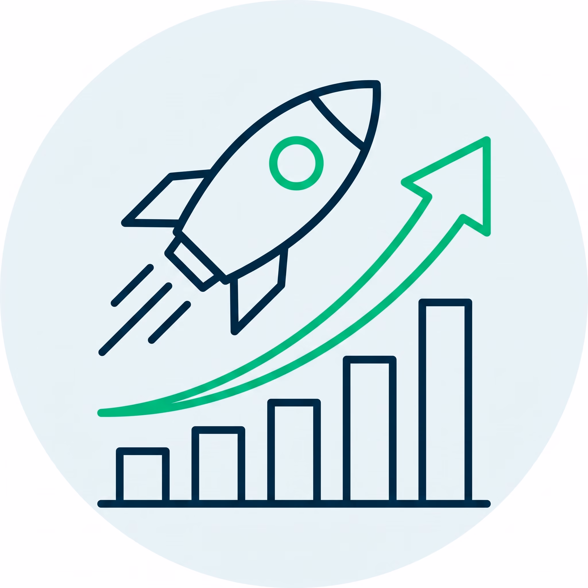 Rocket launching upward alongside rising bar chart and an upward trending arrow.