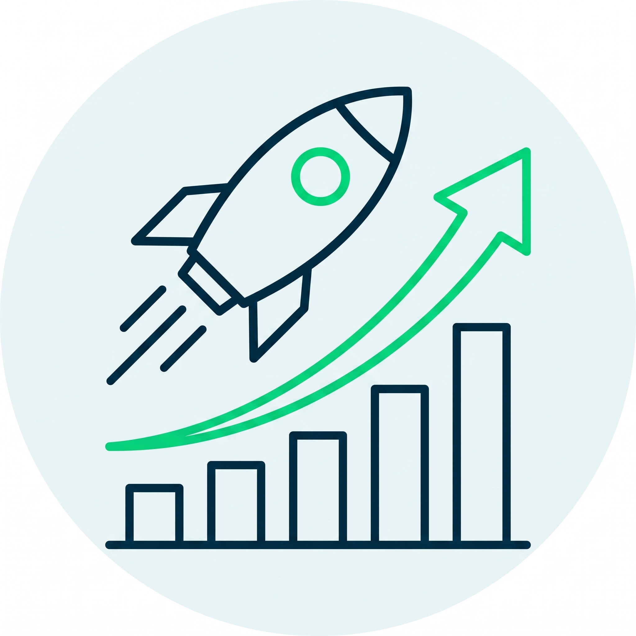 Rocket launching upward alongside rising bar chart and an upward trending arrow.